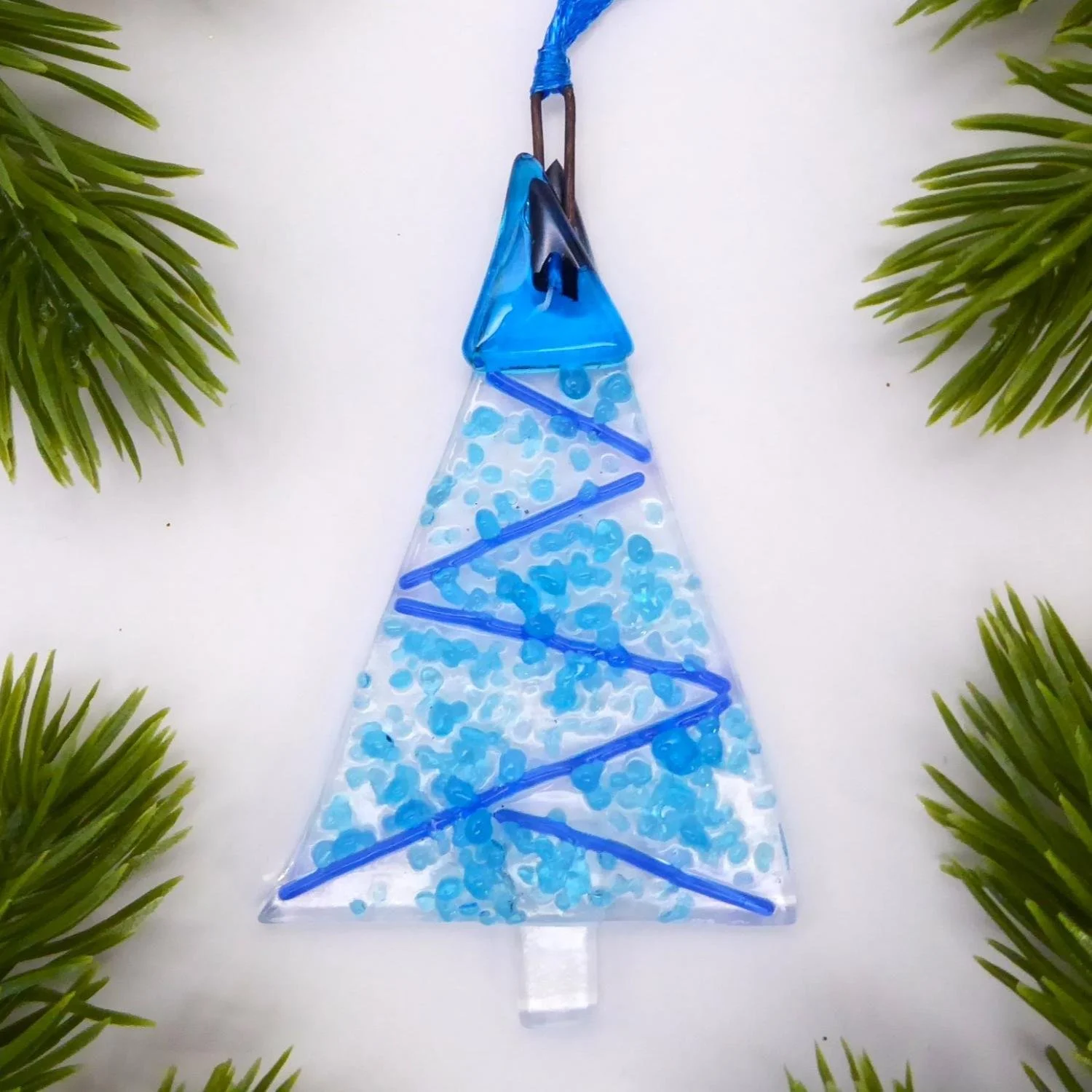  Blue fused glass hanging Christmas tree with a tinsel design 