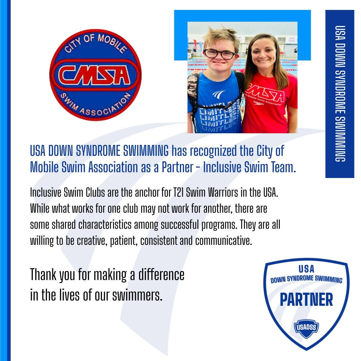 The #DifferenceMaker for our #T21SwimWarriors are the home clubs that creatively include them. Shout out to our newest partner, the City of Mobile Swim Association, who not only welcomes USADSS athlete Nathan Sligh, but also supports other swimmers w