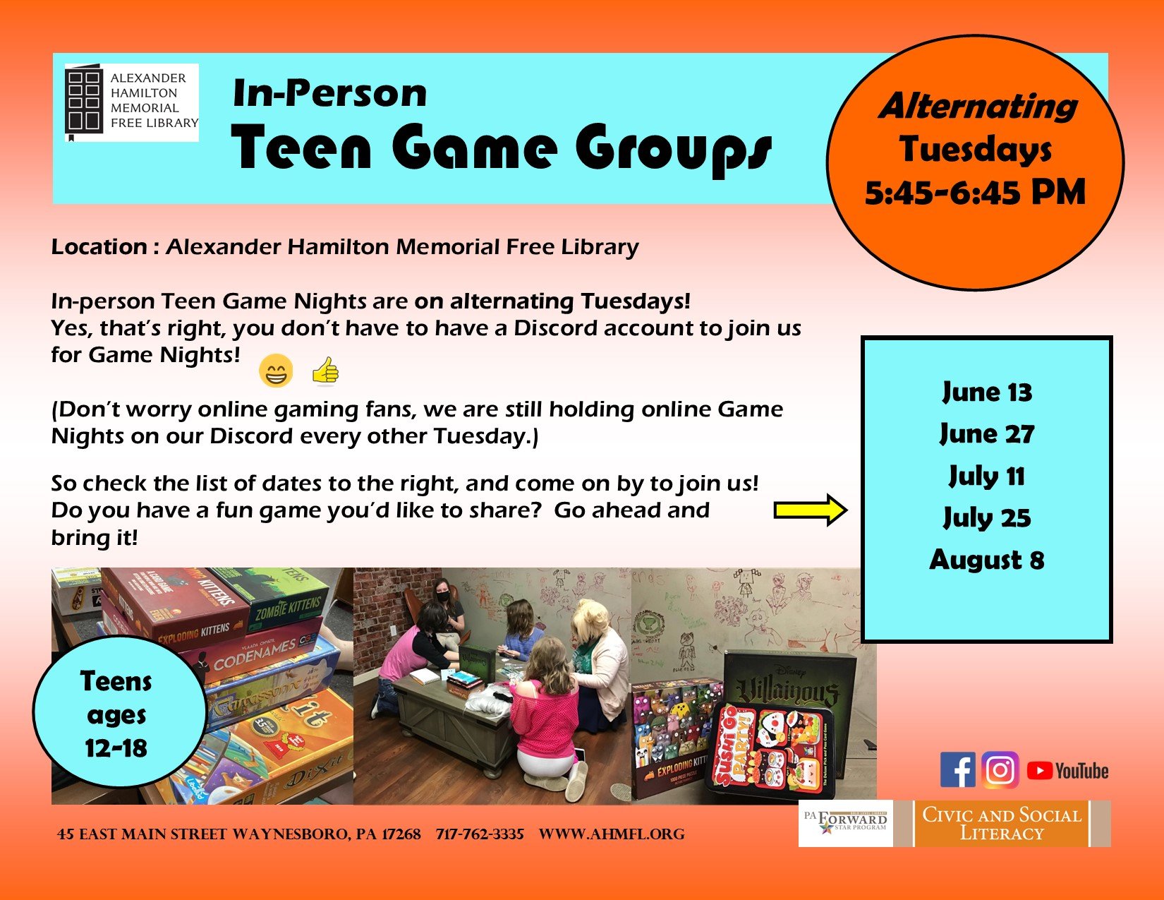 Teen Game Night - Online — Alexander Hamilton Memorial Free Library