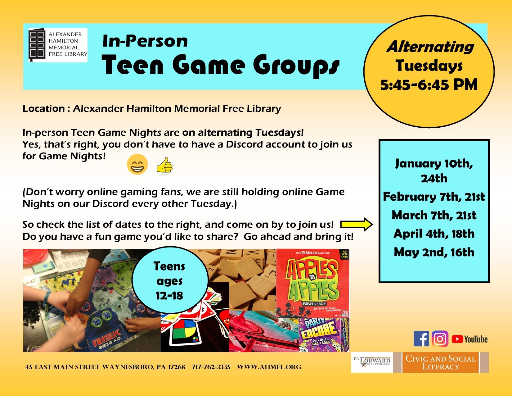 Teen Game Night - Online — Alexander Hamilton Memorial Free Library