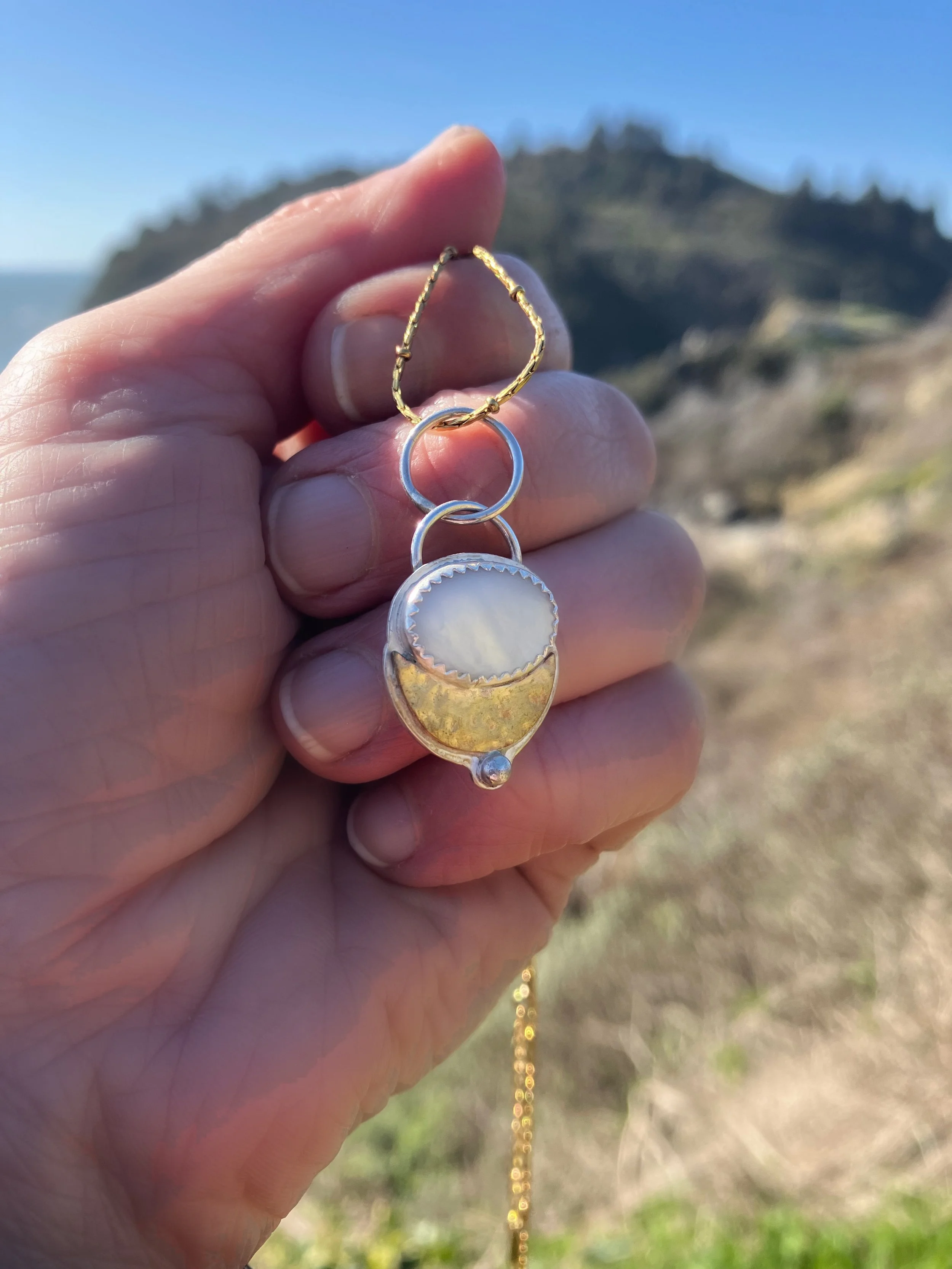 Mother of Pearl Mixed Metal Crescent Moon Pendant — Selene Joy Designs