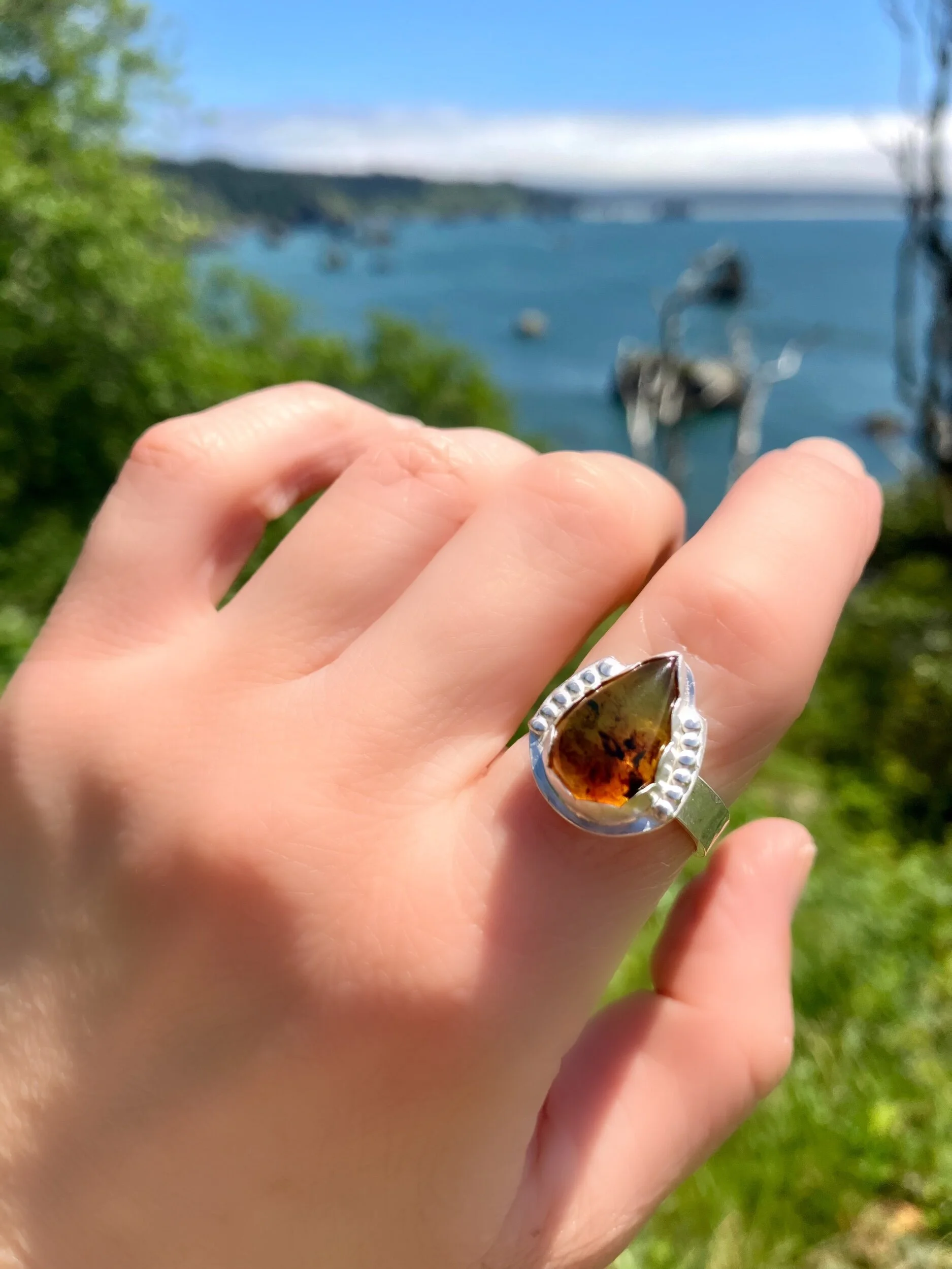 Amber Gem Drop Silver Ring