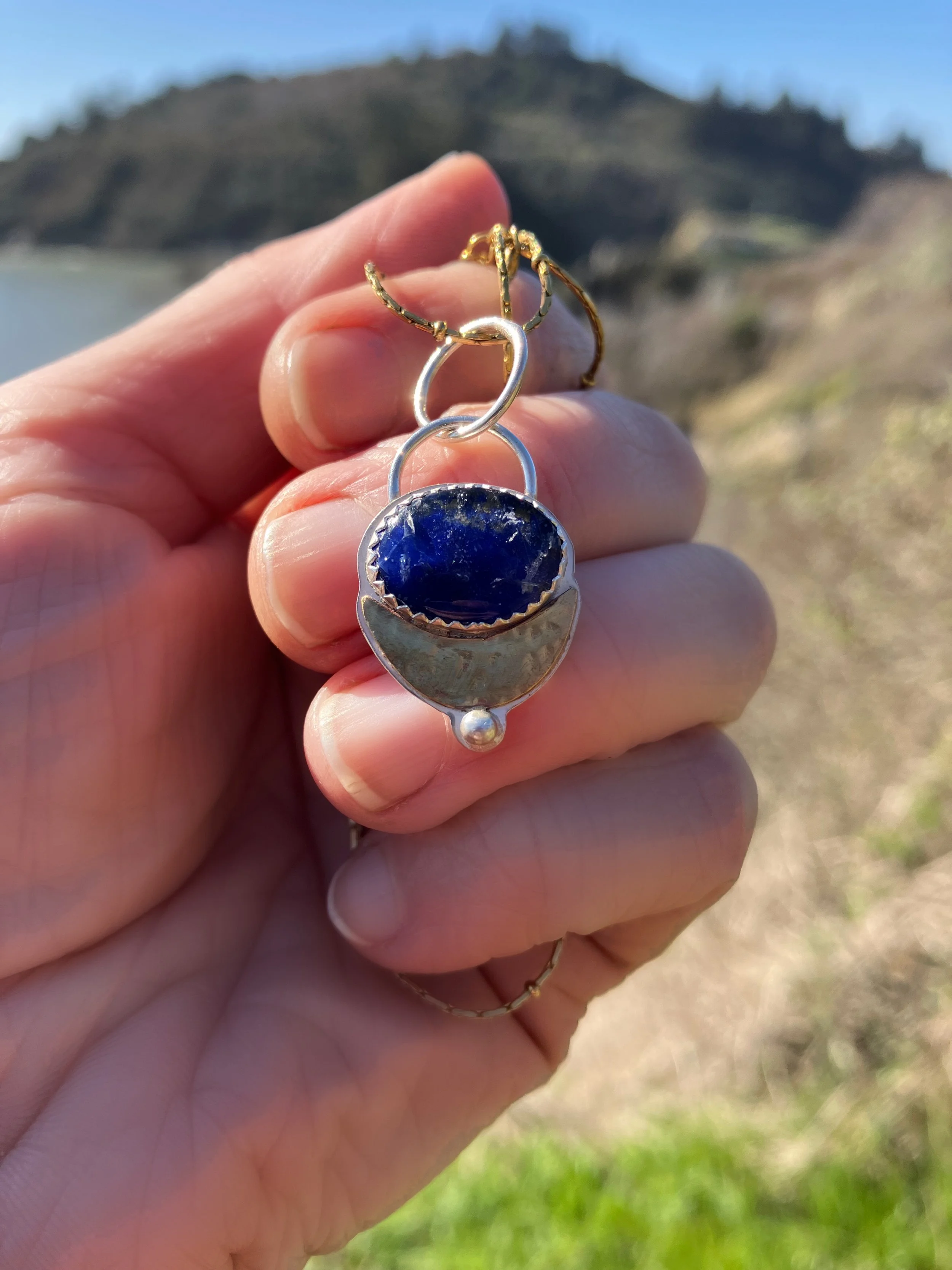 Lapis Lazuli Mixed Metal Crescent Moon Pendant