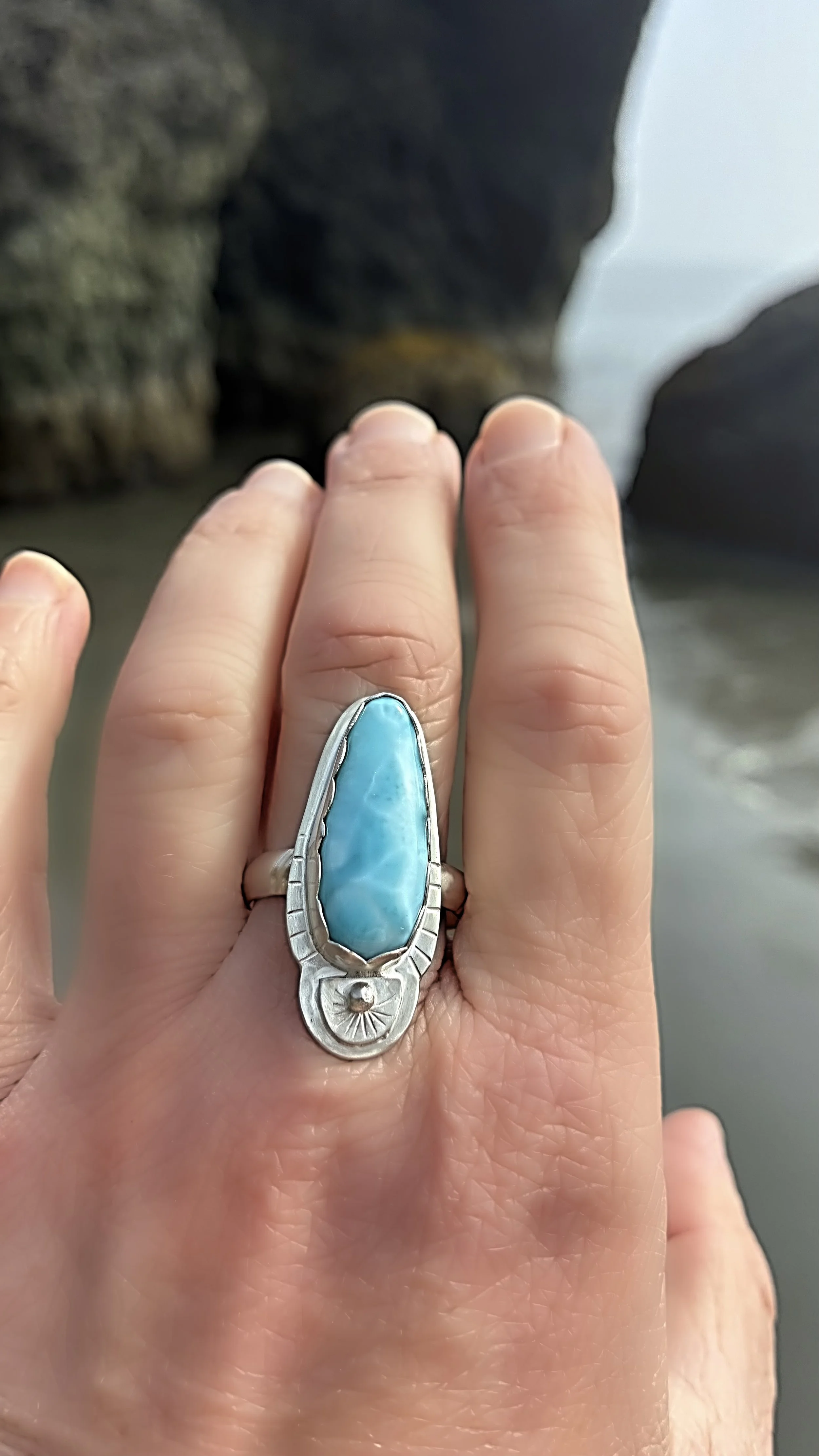 Larimar Stamped Silver Tab Ring
