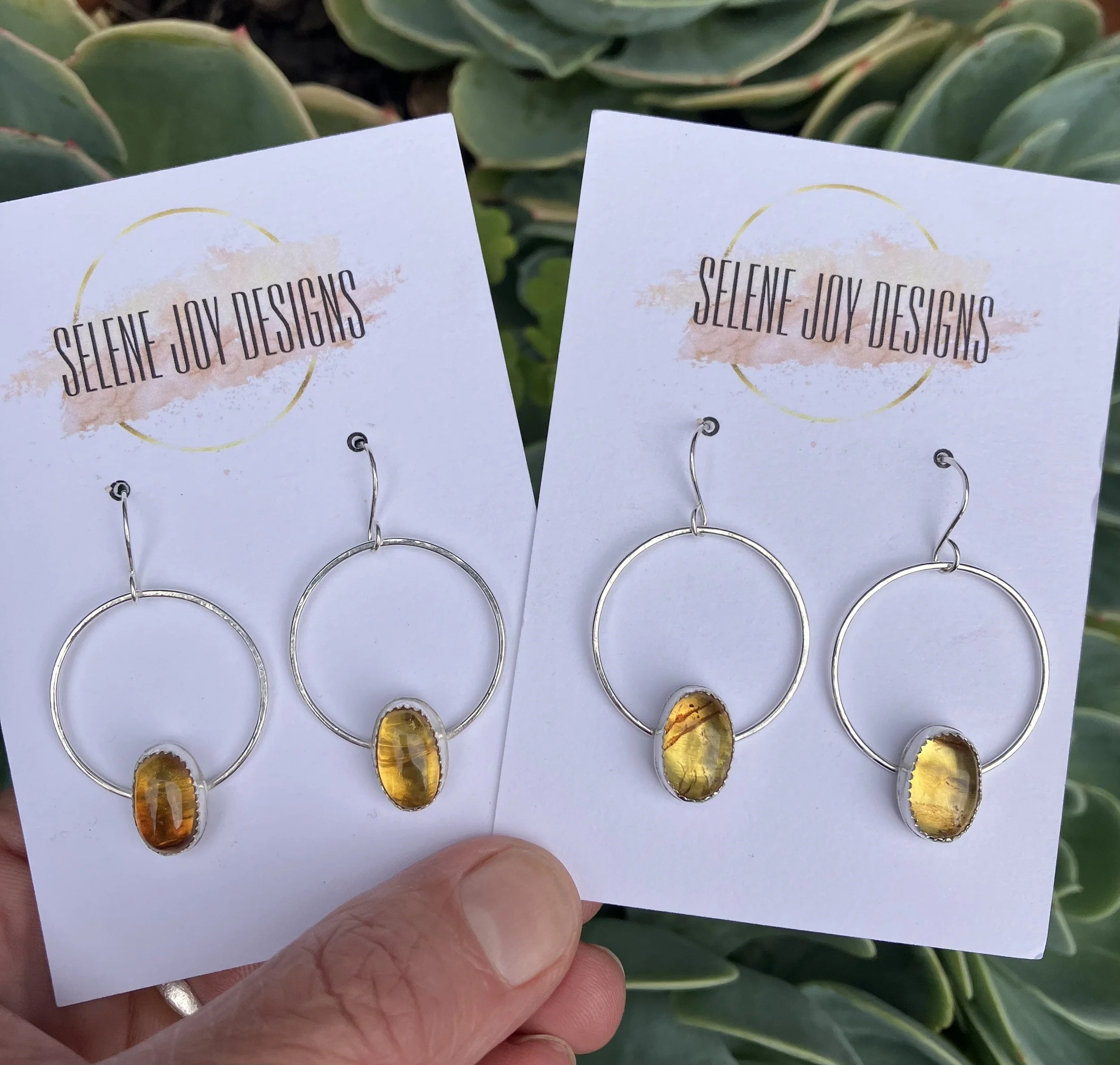 Silver Amber Hoop Earrings