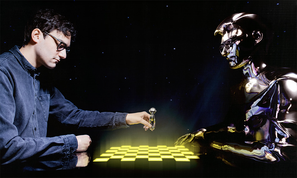 Man sitting opposite a sci-fi illuminated chess board, playing against a robotic version of himself, the man is holding a chess piece in the shape of a smiling alien with headphones on.