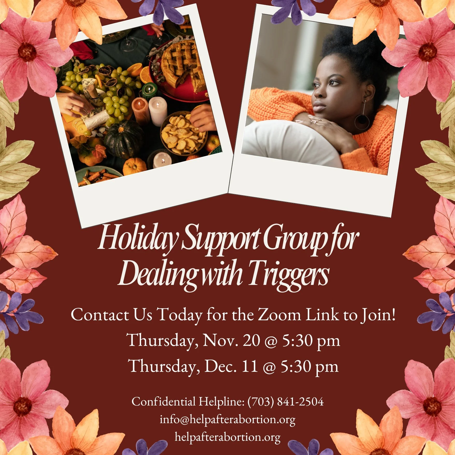 🍂 We know the holidays can be tough. We're here to help you navigate the difficulties with our support group. Join us November 20th and December 11th. Get in touch with us to connect! 🧡