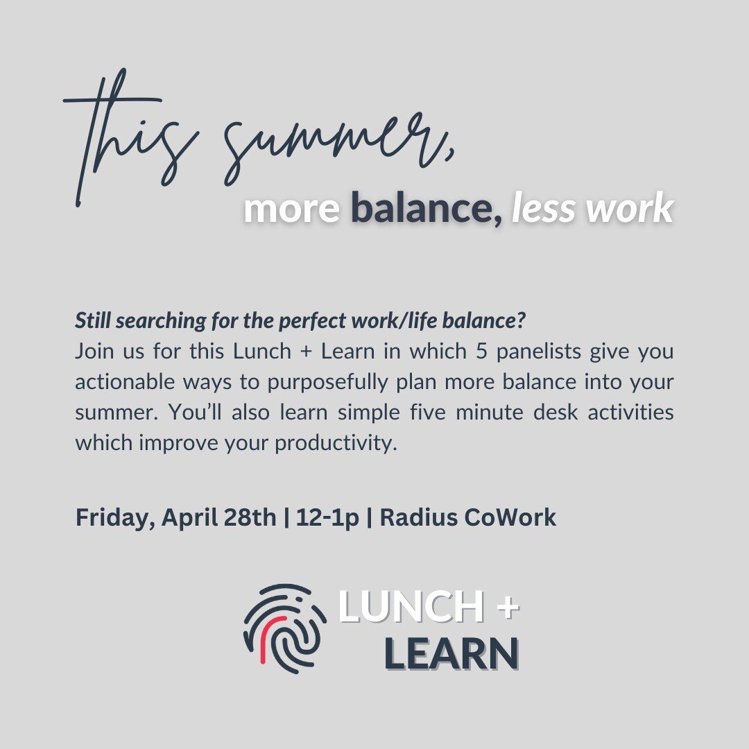 Next Friday!

We've assembled a panel of 5 entrepreneurs to speak about the importance of work/life balance. This panel discussion will offer insight, provide resources to get involved in the community/add some fun and healing commitments to your sum