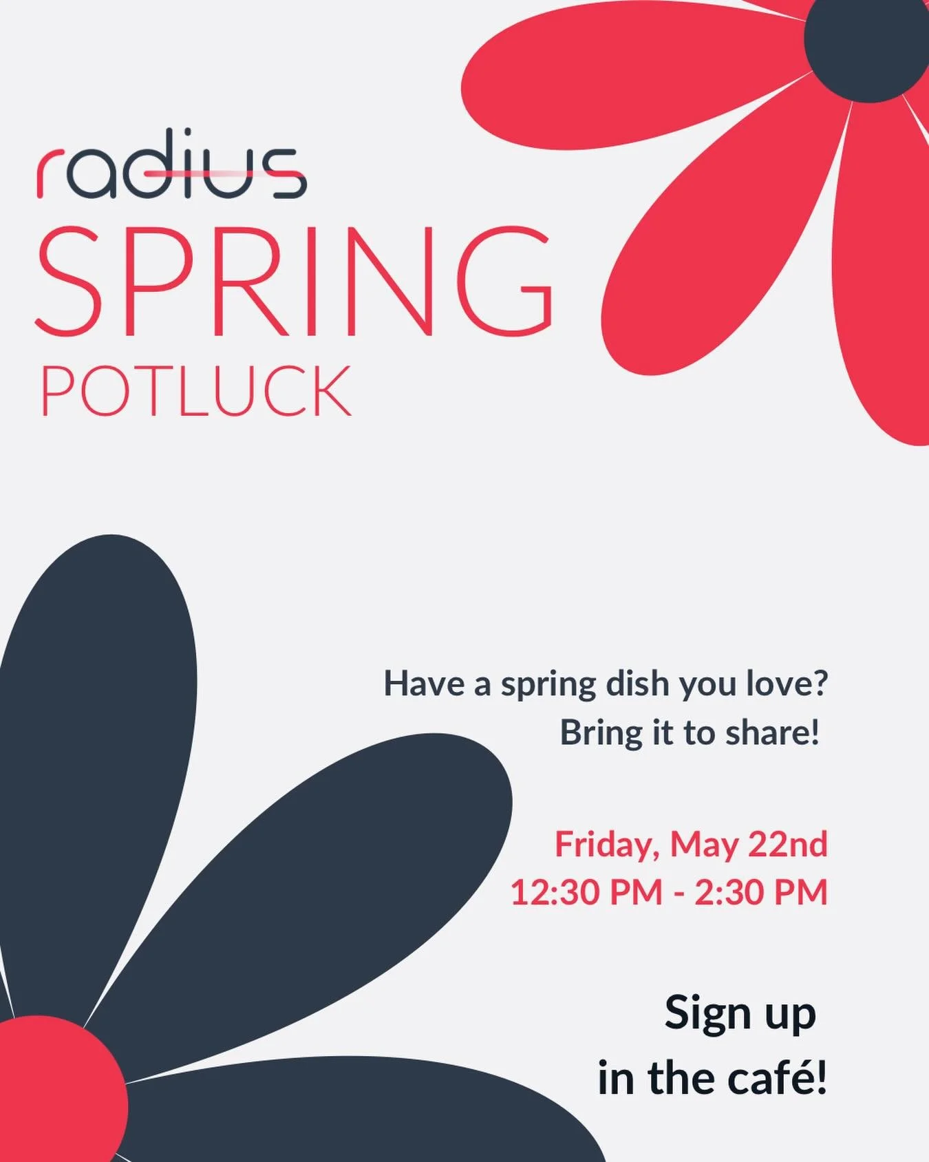 Say it with us: SPRING POTLUCK, SPRING POTLUCK, SPRING POTLUCK!🌸☀️🥗

Our next colorful, delicious potluck is on Friday, May 22nd 12:30 - 2:30 PM. The theme? All things spring! 🌱

Bring your favorite springtime dish to share &mdash; sign ups are in