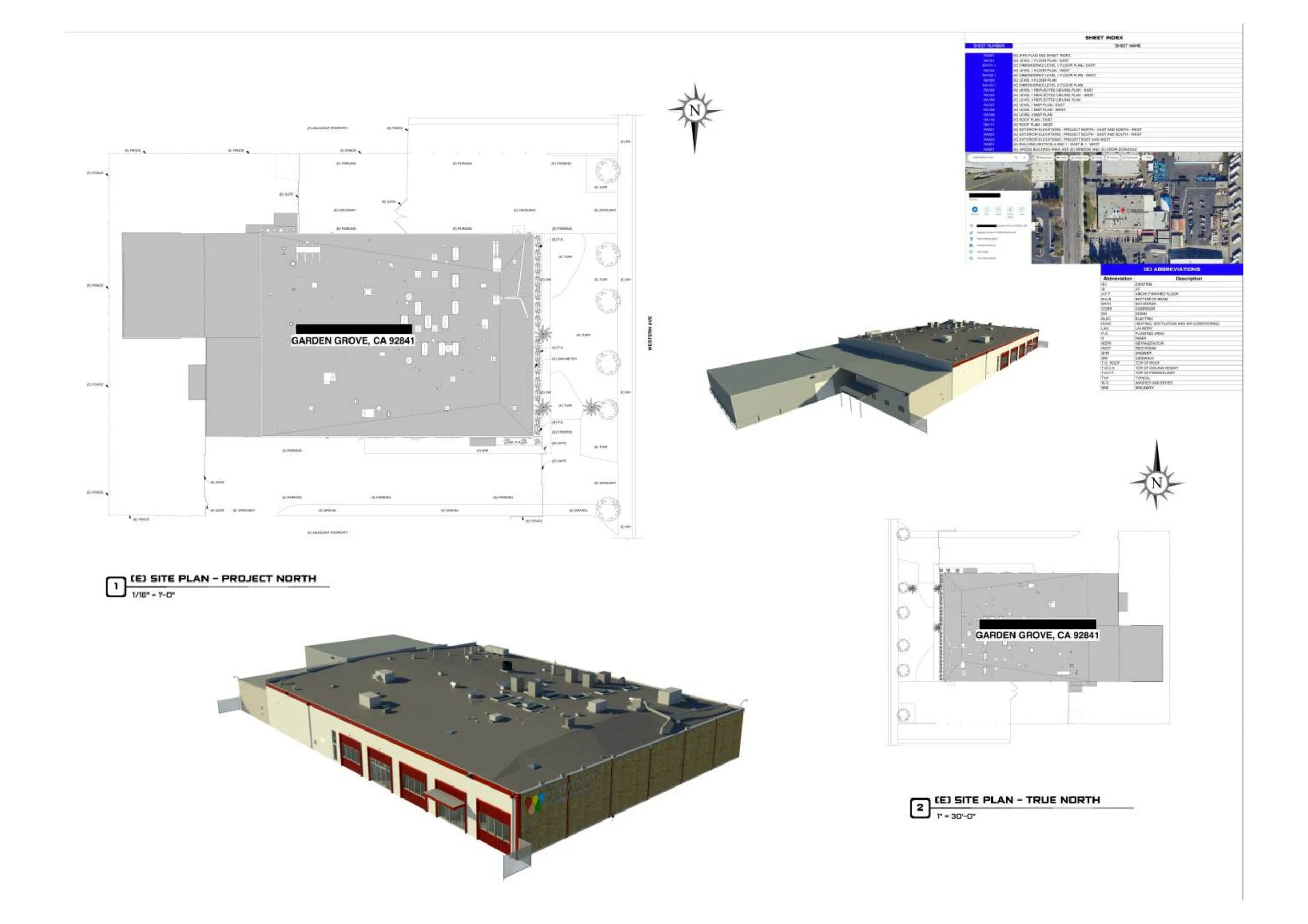 Architectural site plan for a building in Garden Grove, California, showing top-down views, 3D renderings, and a map with location details.