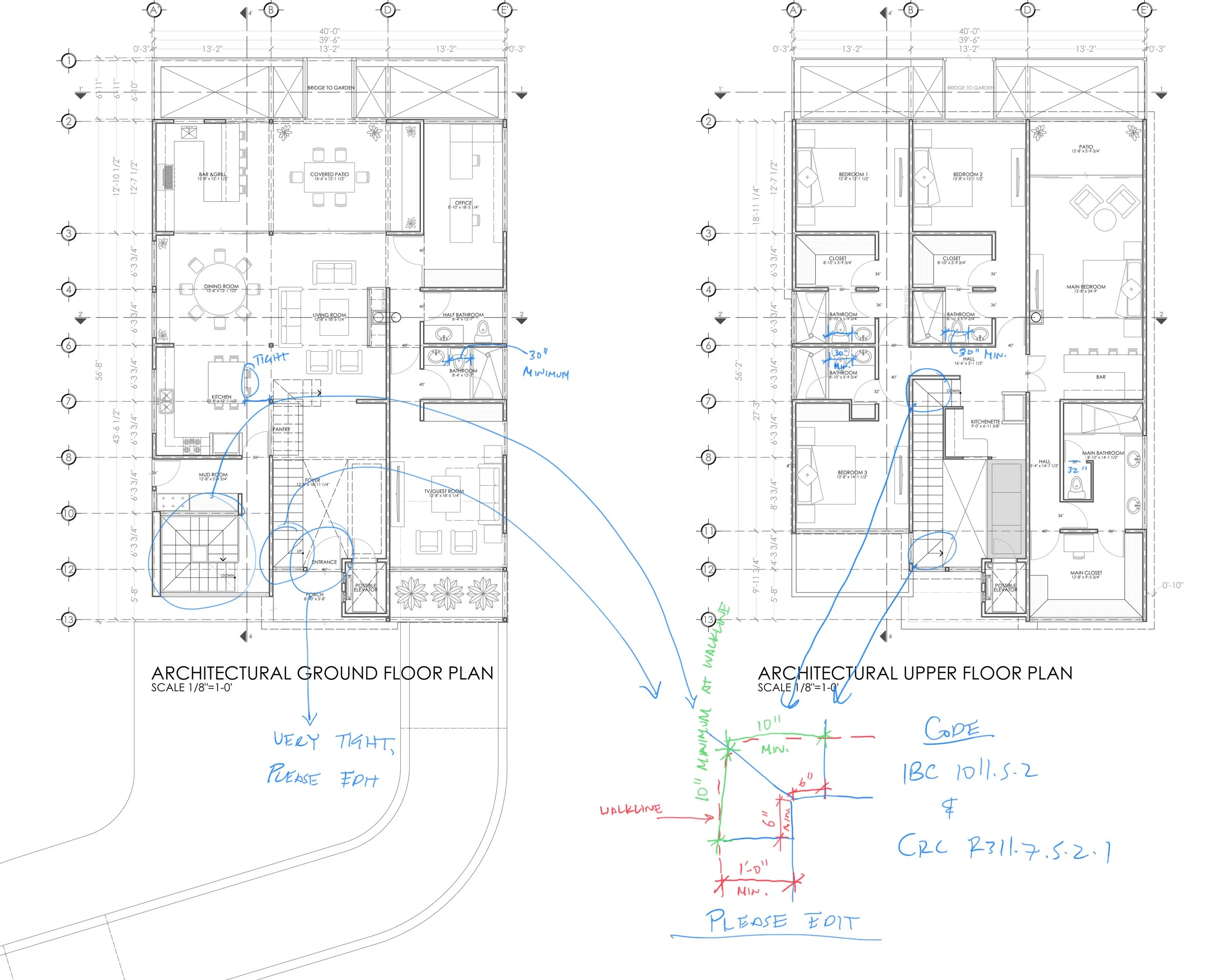 Architectural blueprints of a two-story house, showing the ground floor plan on the left and the upper floor plan on the right. The plans include room layouts, measurements, annotations, and handwritten notes in blue, green, and red ink.