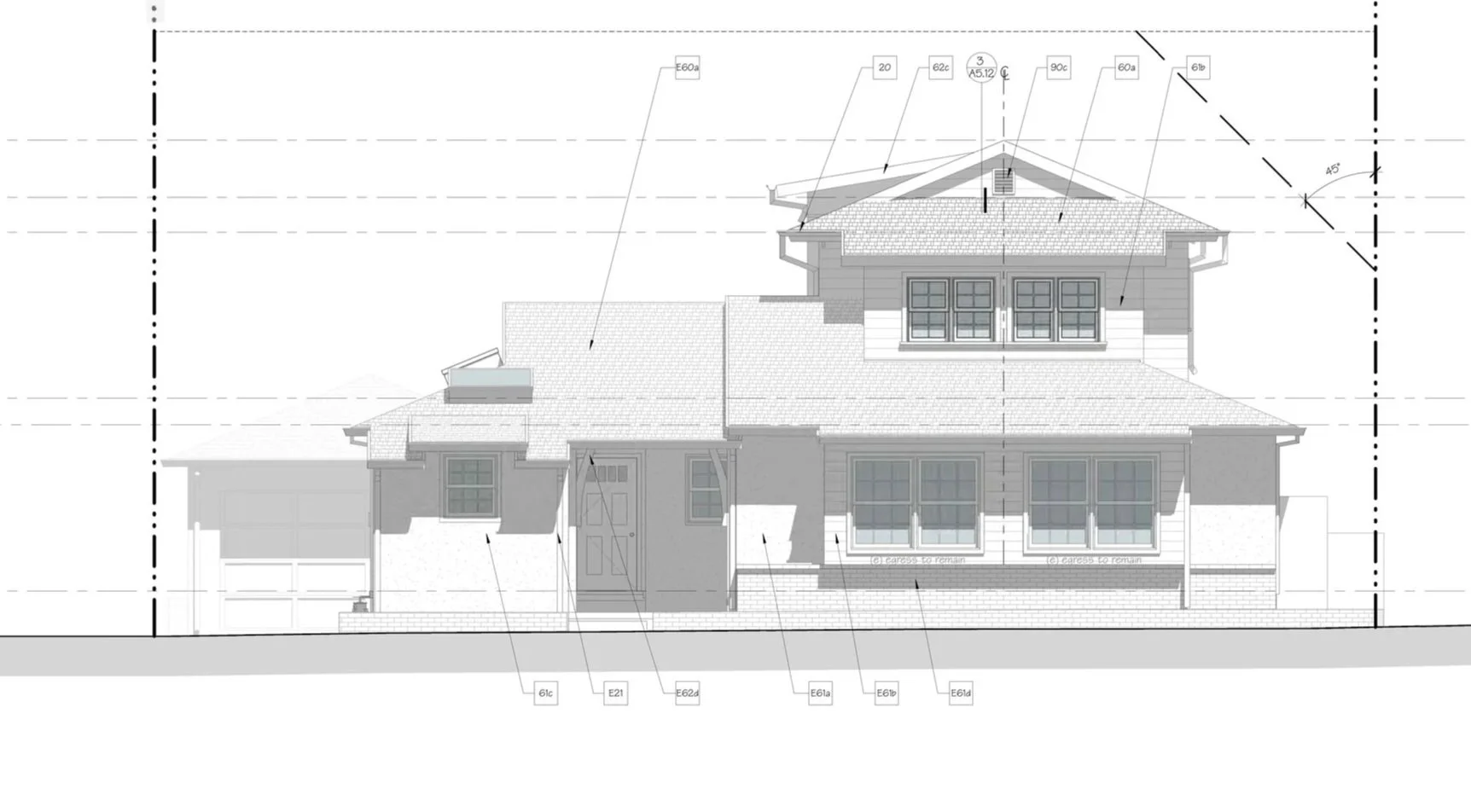 Architectural blueprint of a two-story house with detailed annotations of windows, doors, roof, and structural elements.