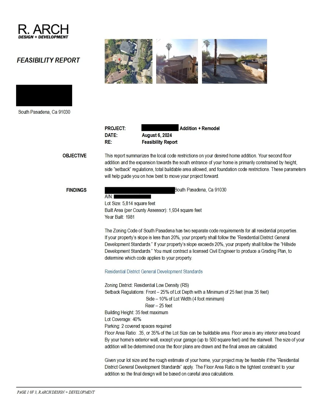 Cover page of a feasibility report with three aerial photos of a residential property and surrounding area, company logo R. ARCH, and report details.