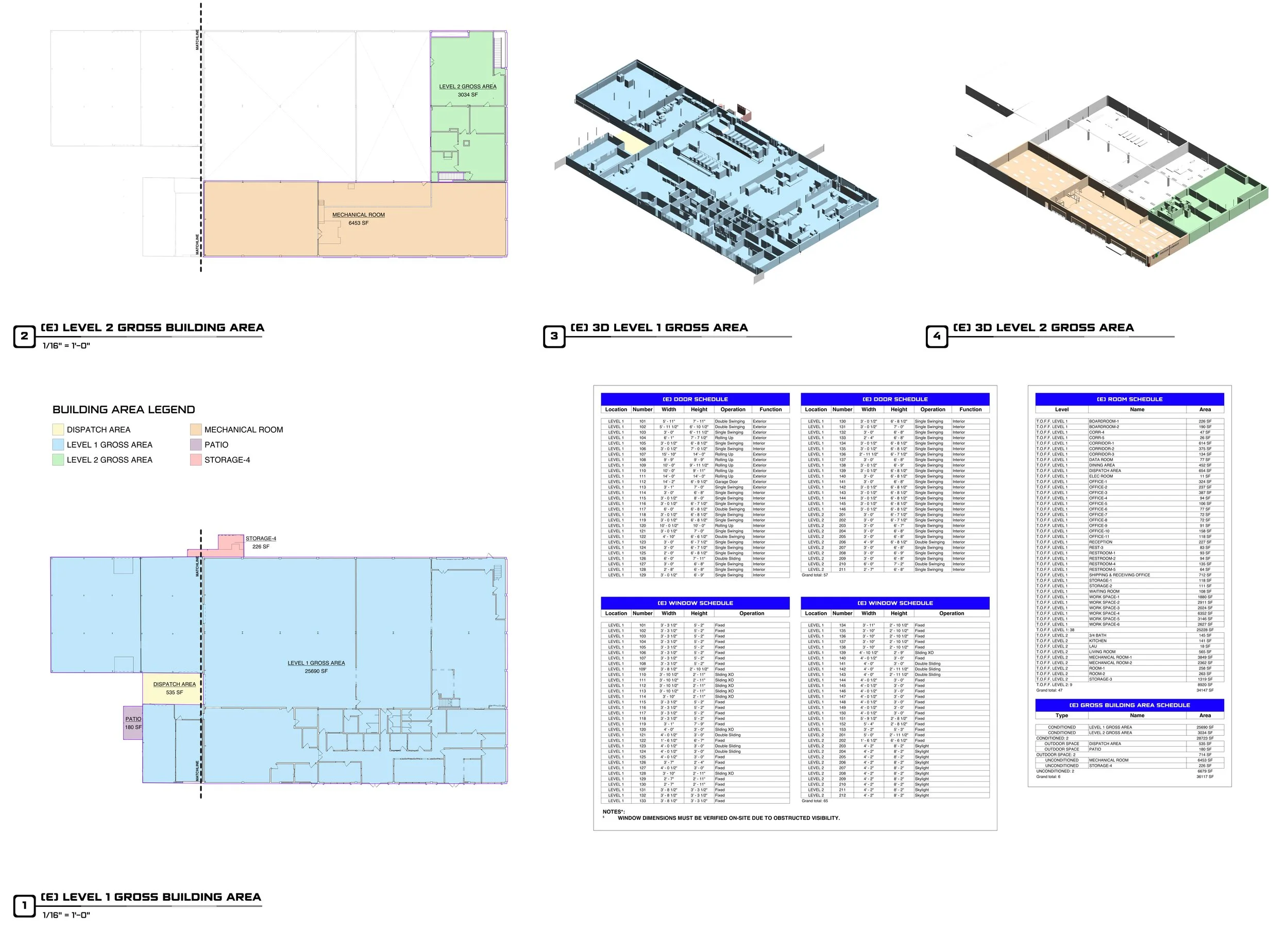 Architectural plans of a multi-level building including floor layouts, 3D models, and schedules with designated colors for different areas such as mechanical, dispatch, patio, storage, and gross building areas.