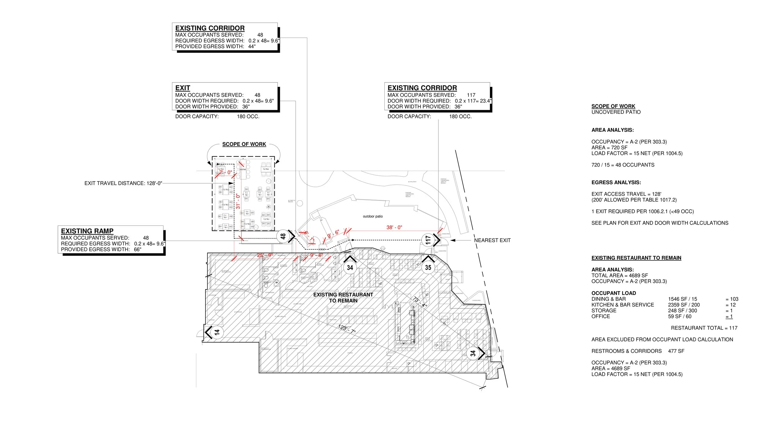 Floor plan of a restaurant with labels for corridors, exit, ramps, and scope of work for an outdoor patio, along with detailed measurements and area analysis.