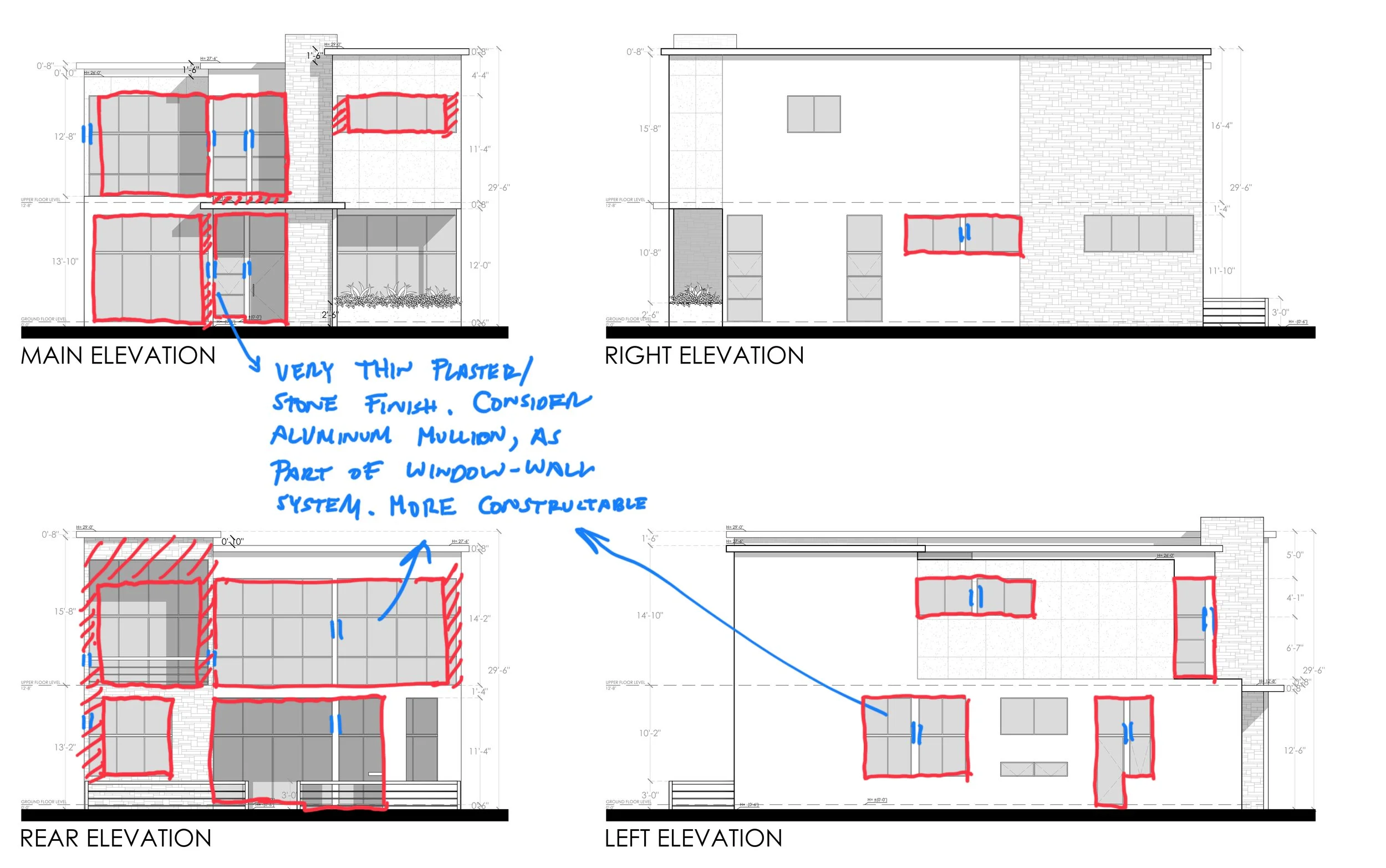 Architectural elevation drawings of a house, showing the main, right, rear, and left side views with annotations in blue handwriting about window and door placement and construction details.