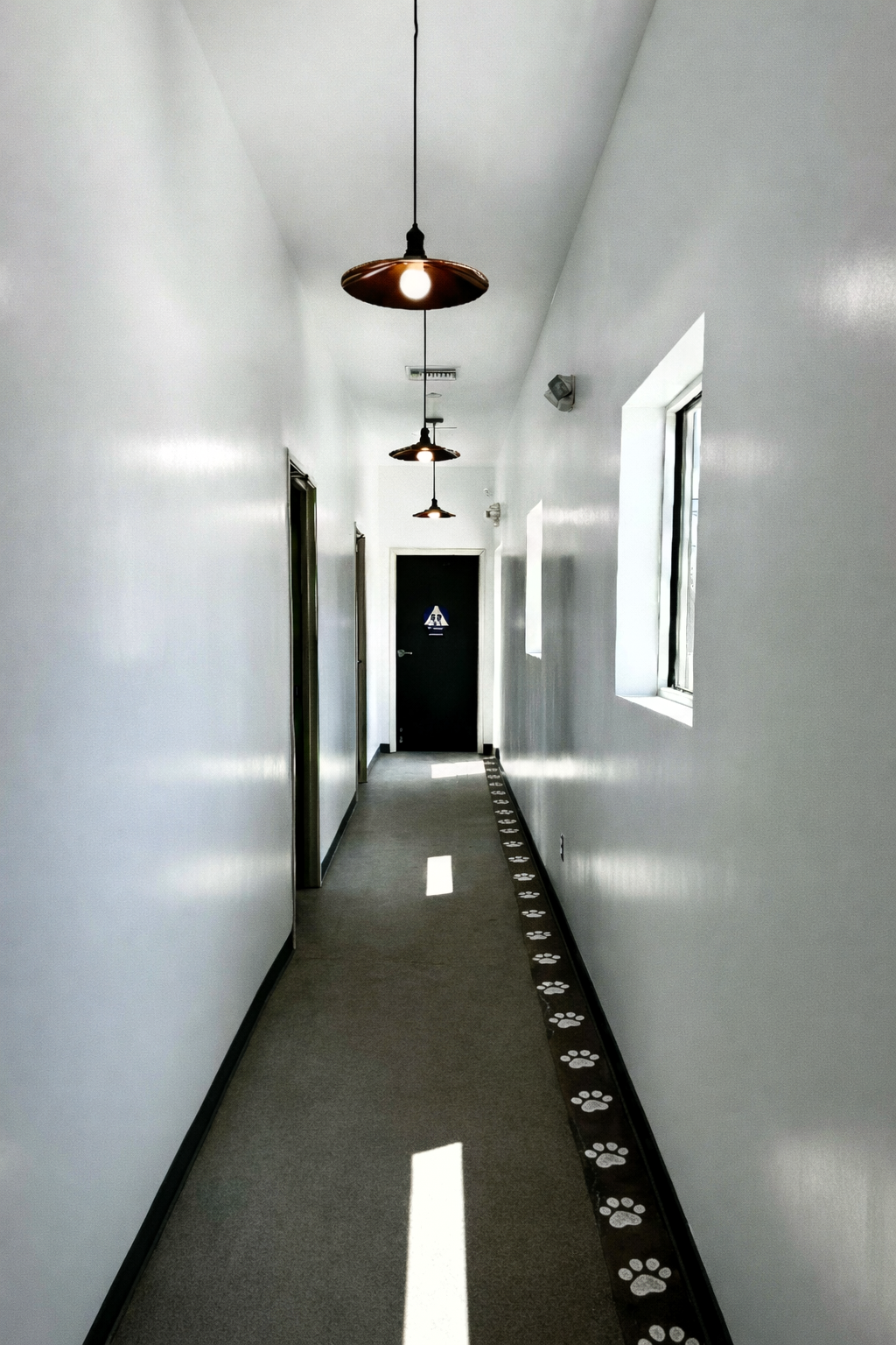 A long, narrow corridor with white walls, ceiling-mounted black pendant lights, and a gray carpeted floor. A row of white paw prints runs along the baseboard on the right side. Several doors are visible, with one at the end featuring a dog paw print sign.