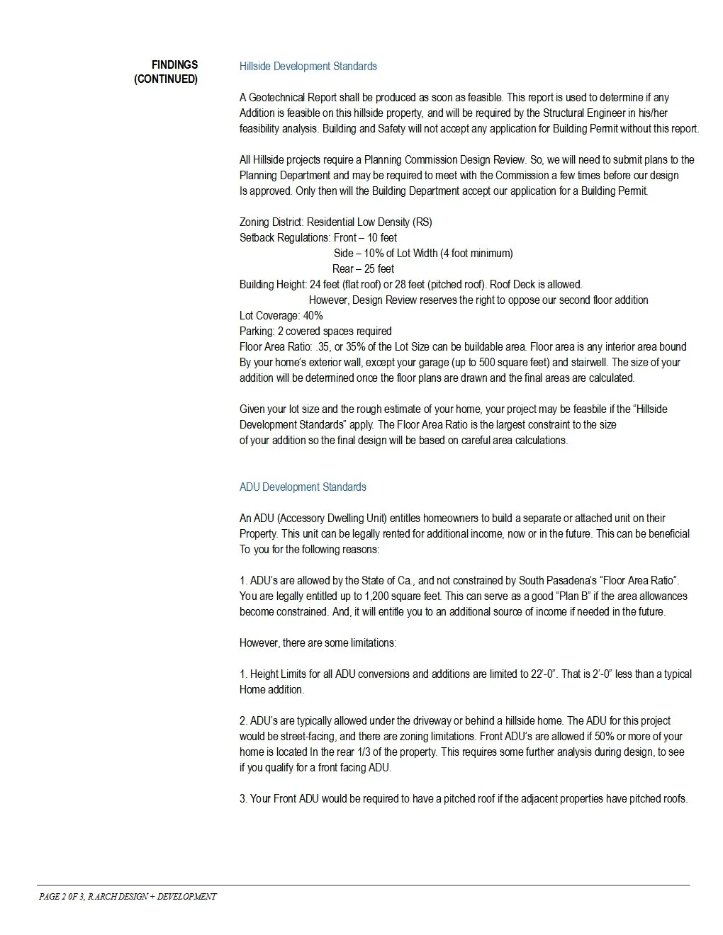 A text document containing guidelines for hillside development standards and ADU development standards, including regulations for building height, lot coverage, parking, and zoning.