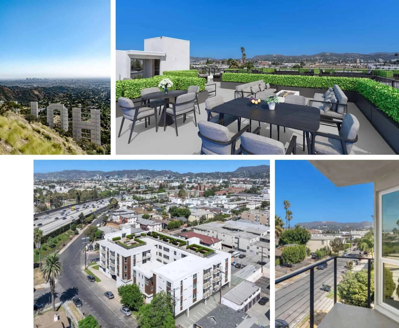Composite of four images showing views from an apartment rooftop in an urban area. The top right features a furnished outdoor terrace with tables, chairs, and green hedges. The bottom left displays a cityscape with roads, buildings, and distant hills