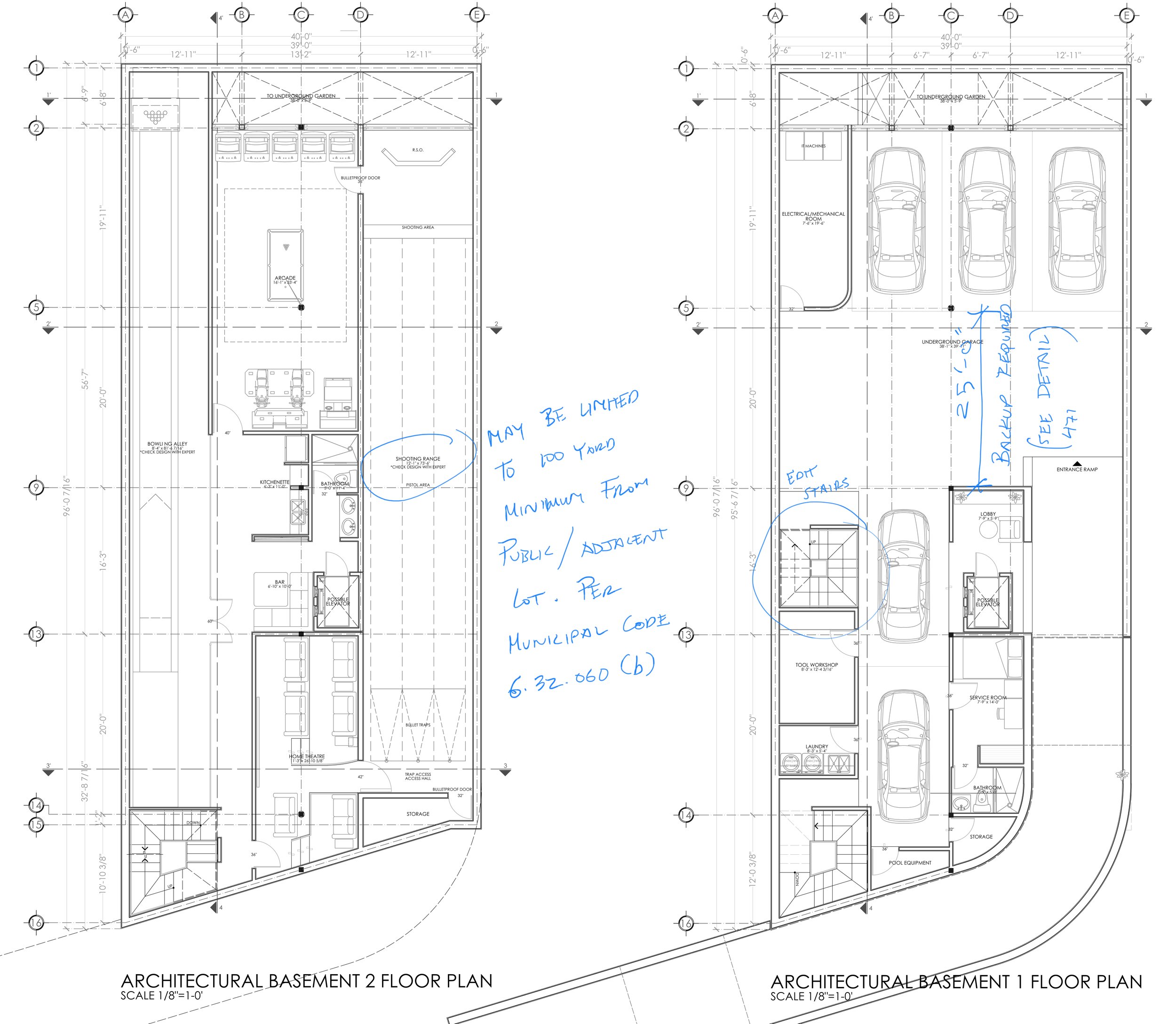 Architectural basement floor plans for two levels. The first level includes parking spaces for cars, a tool workshop, laundry, storage, a lounge, and a service room. The second level features a large open area with game and shooting zones, kitchenett