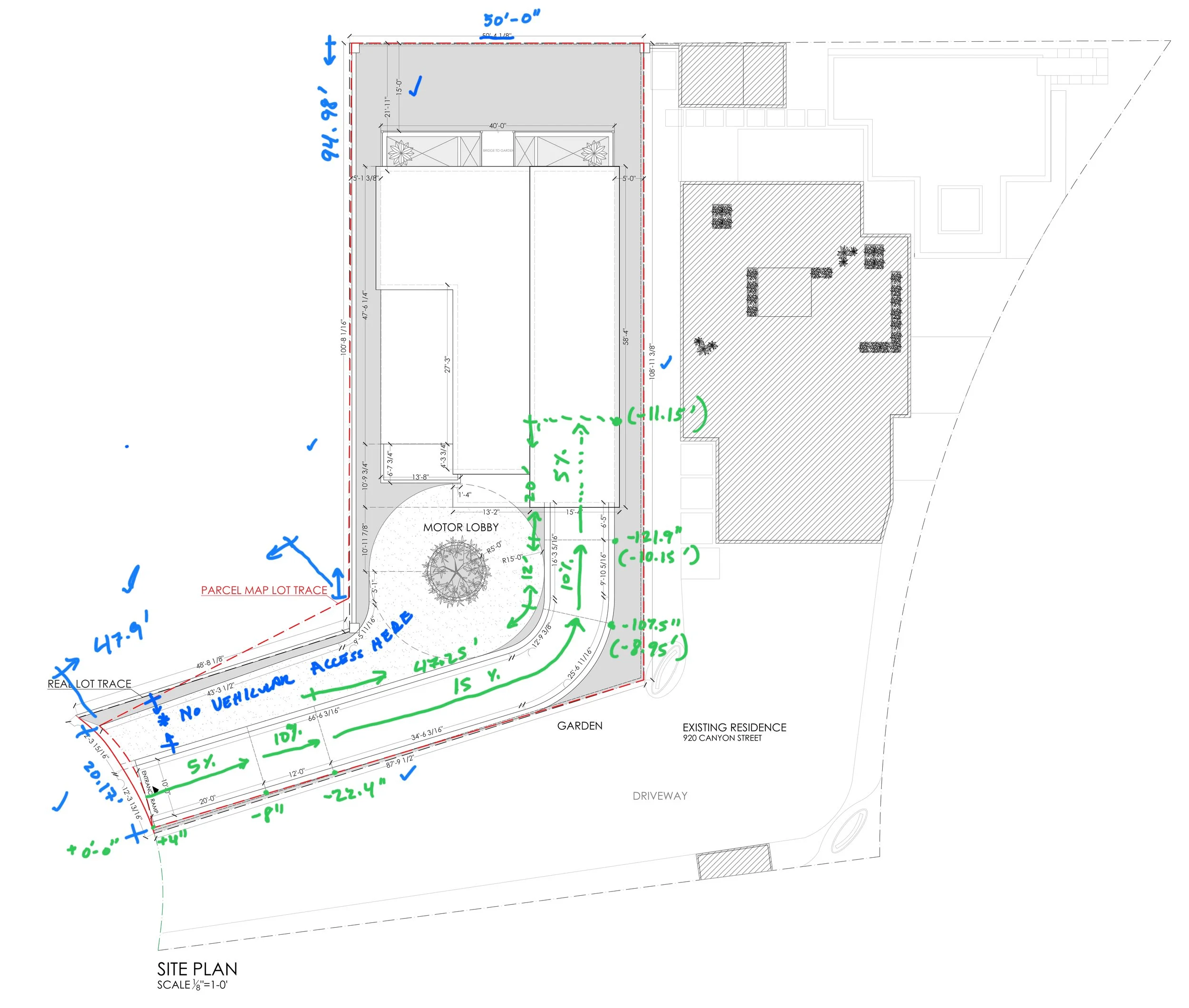 A detailed site plan of a residential property showing landscaping, driveway, and house layout with measurements and annotations in various colors.