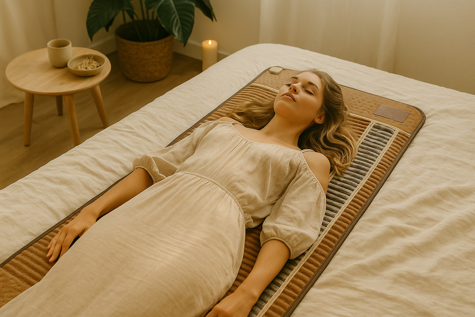 A woman is lying on a massage bed with her eyes closed in a cozy room, surrounded by a small table with snacks, a potted plant, and a lit candle.