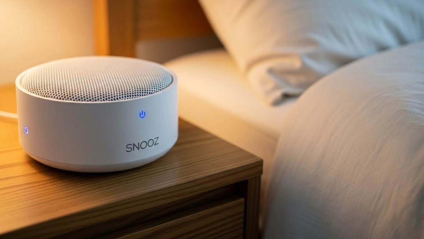 A white snooze-brand smart speaker on a wooden nightstand next to a bed with white bedding.