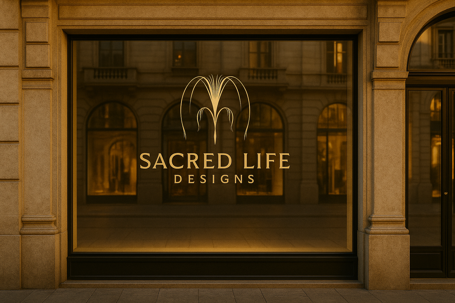 Storefront window with the logo and name 'Sacred Life Designs' and a stylized fountain or water spray icon, reflecting a building with arched windows.