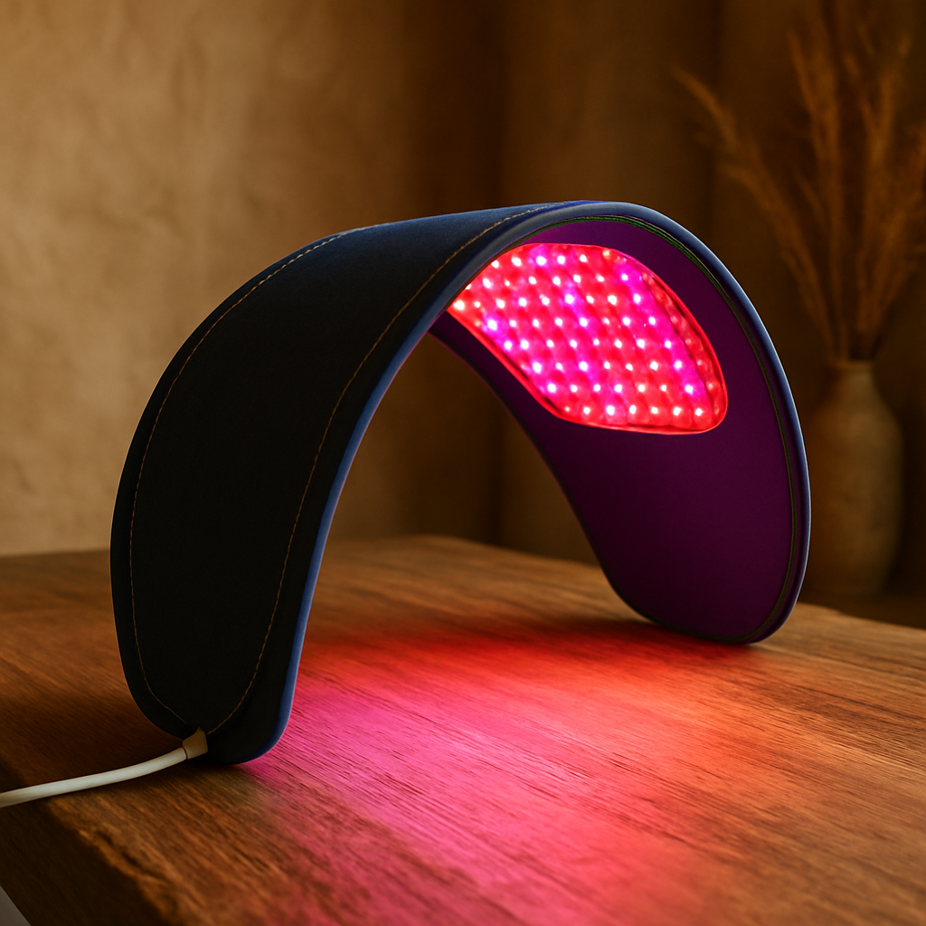 A bedside lamp with a flexible neck emitting pink and purple light on a wooden surface.
