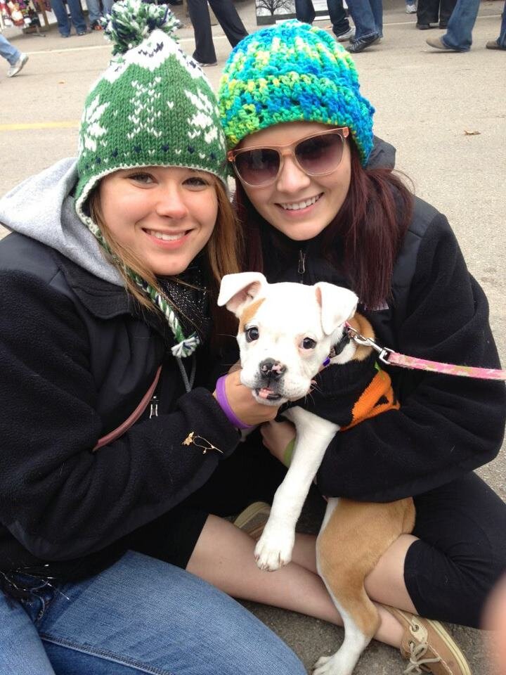 Chelsea (on left) and Maddie with puppy at Spoon River Drive craft fair