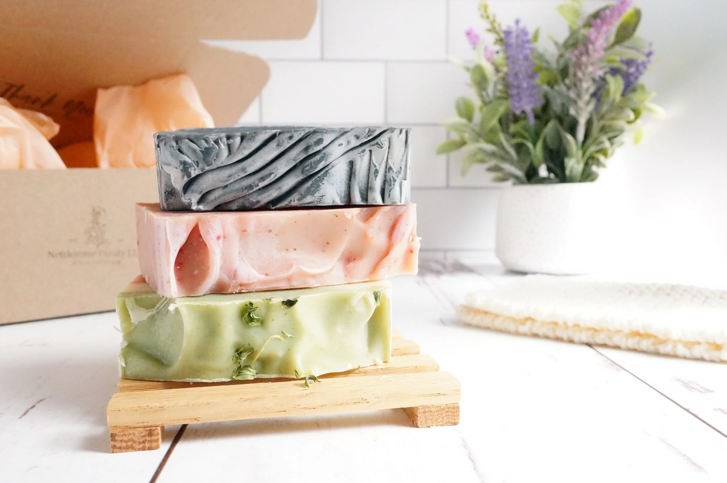 artisan herbal soap gift box. Lavender and tea tree oil soap, grapefruit and cedar wood soap, eucalyptus and lavender soap