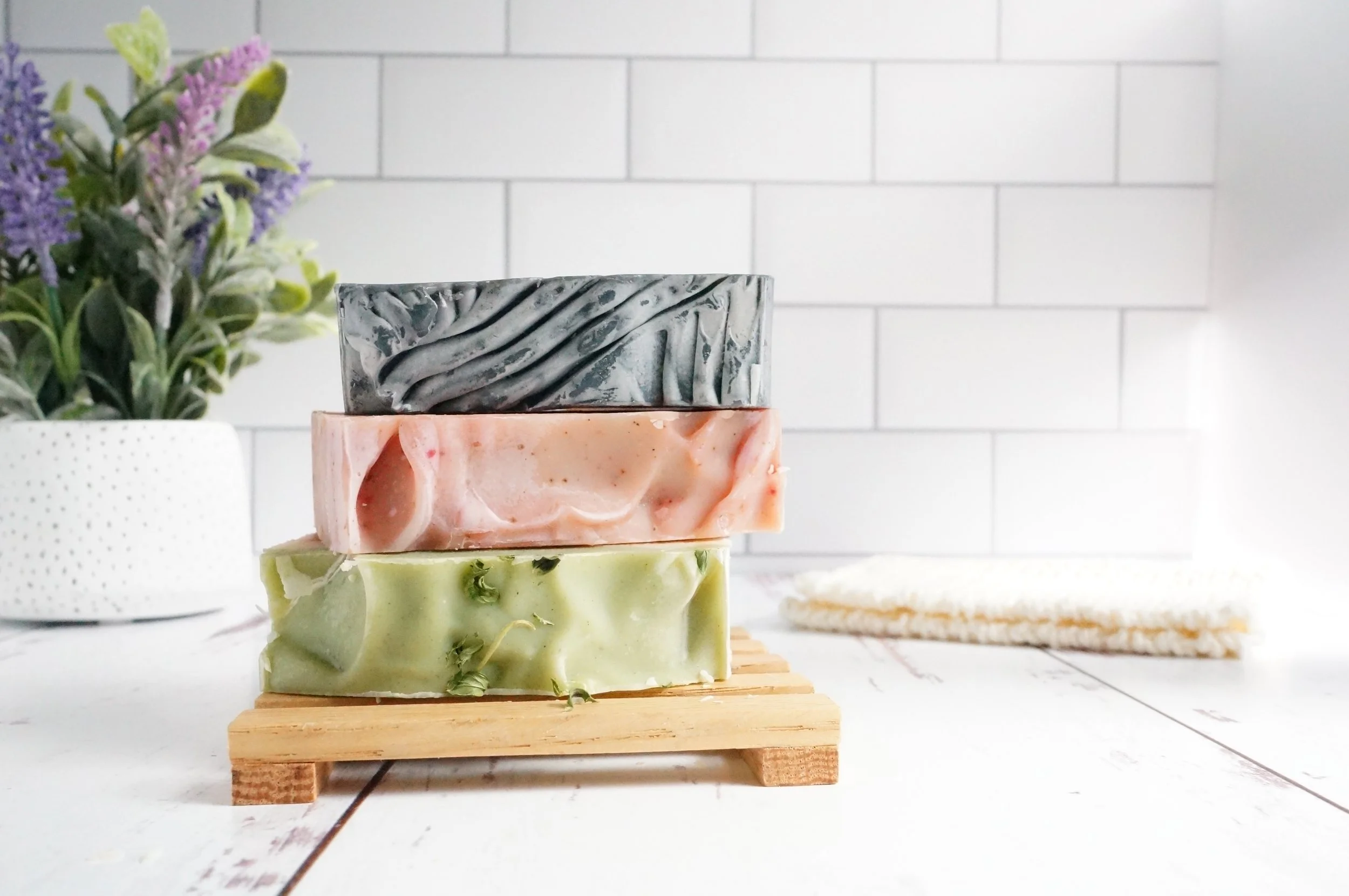 artisan herbal soap gift box. Lavender and tea tree oil soap, grapefruit and cedar wood soap, eucalyptus and lavender soap