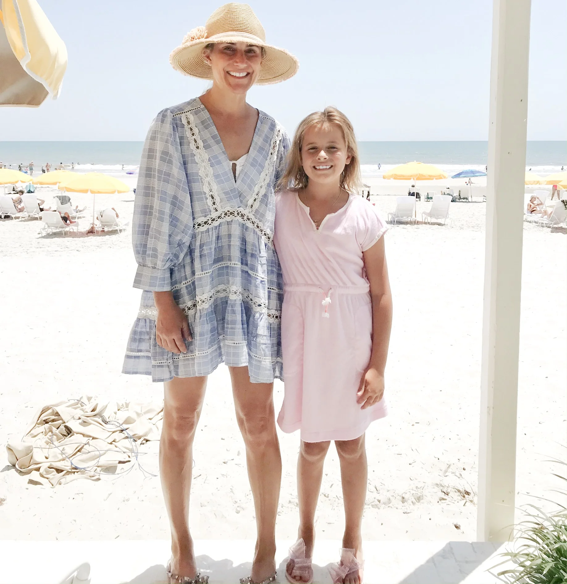 Sun hat / pool shoes but also found this pair cheap / blue plaid cover-up free people, can’t find exact one, but love this one and this one / Caroline’s terry cover-up / Caroline’s bow shoes and you won’t believe how cheap they are!