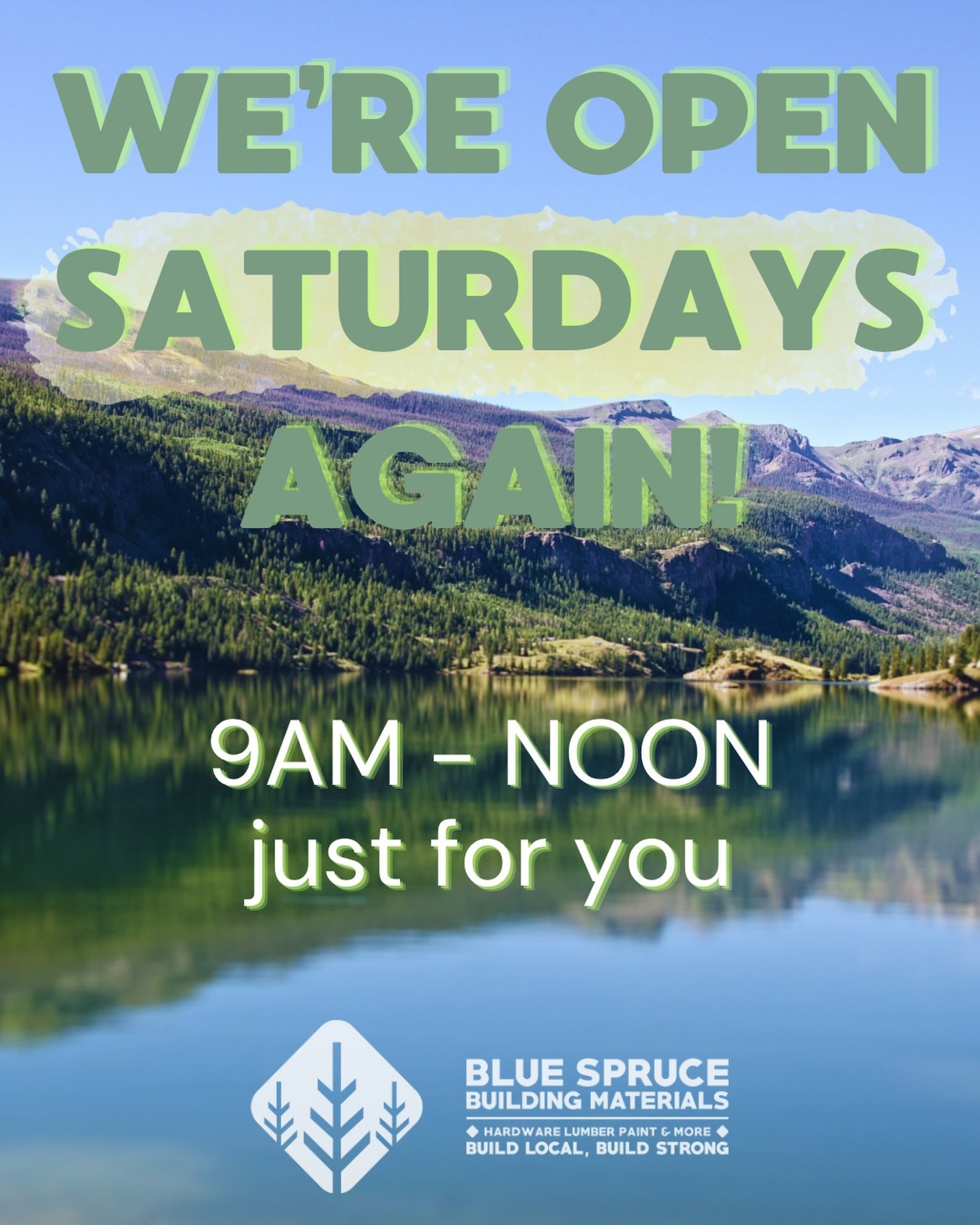 We&rsquo;re open Saturdays again! 🙌
Stop by Blue Spruce Building Materials on Saturdays from 9:00 AM to noon for the supplies, tools, and help you need to keep your projects moving.

See you this Saturday! 🔨

#BlueSpruceBuildingMaterials #LakeCityC