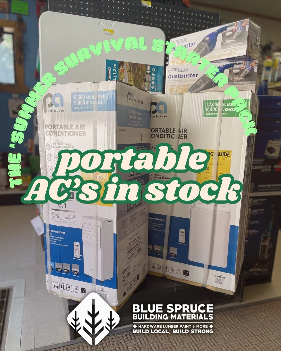 Beat the heat before it beats you! ☀️🥵
We&rsquo;ve got the ultimate Summer Survival Starter Pack in stock right now at Blue Spruce Building Materials. Don&rsquo;t sweat through the season&mdash;grab a Perfect Aire Portable AC and keep your cool all 