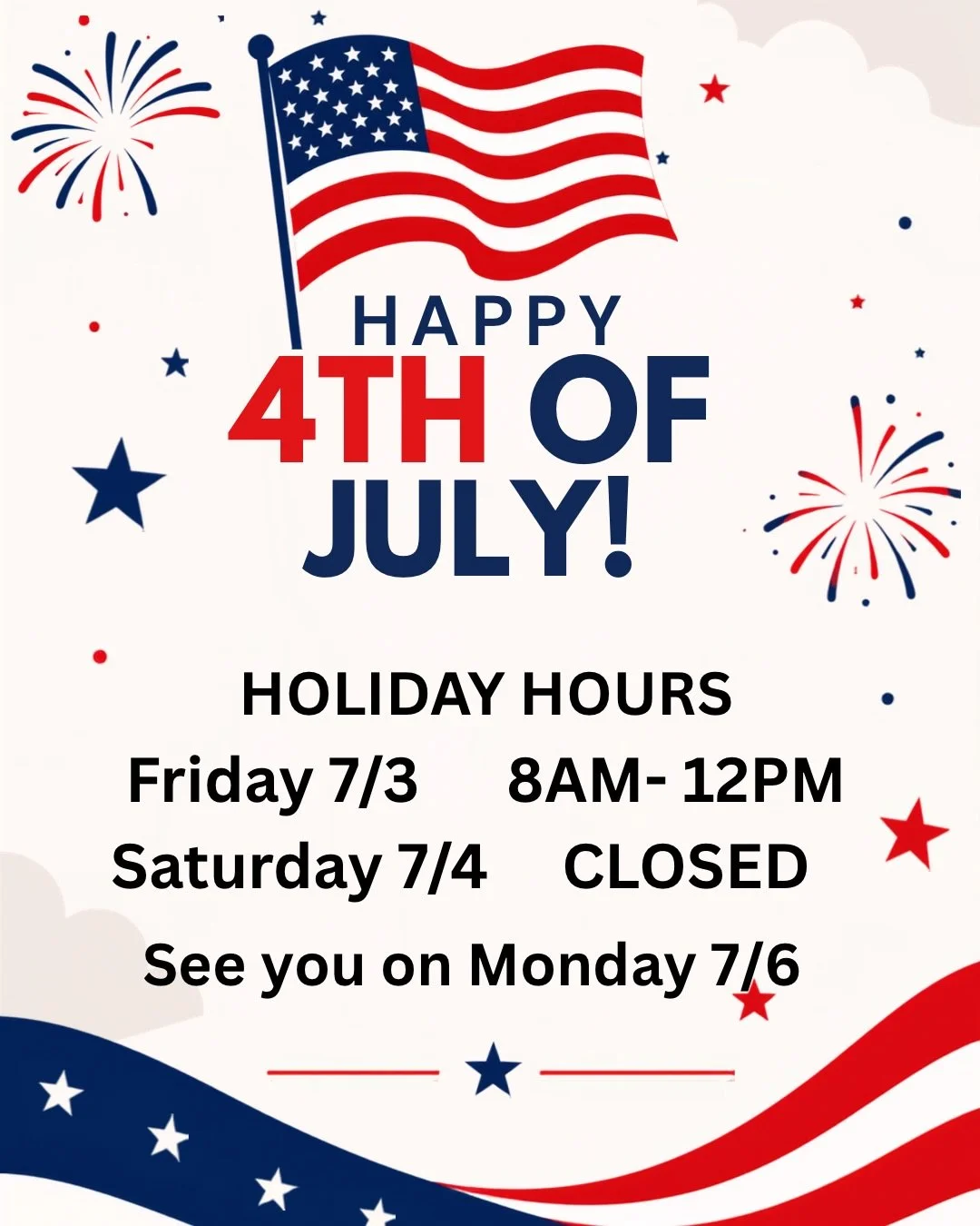 Prepping for the long weekend? 🍔🇺🇸 We are too! We&rsquo;ll be open on Friday from 8am to 12pm for any last-minute needs, and closed on Saturday.
Enjoy your friends and good times spent together, and we&rsquo;ll see you back here on Monday! Happy F
