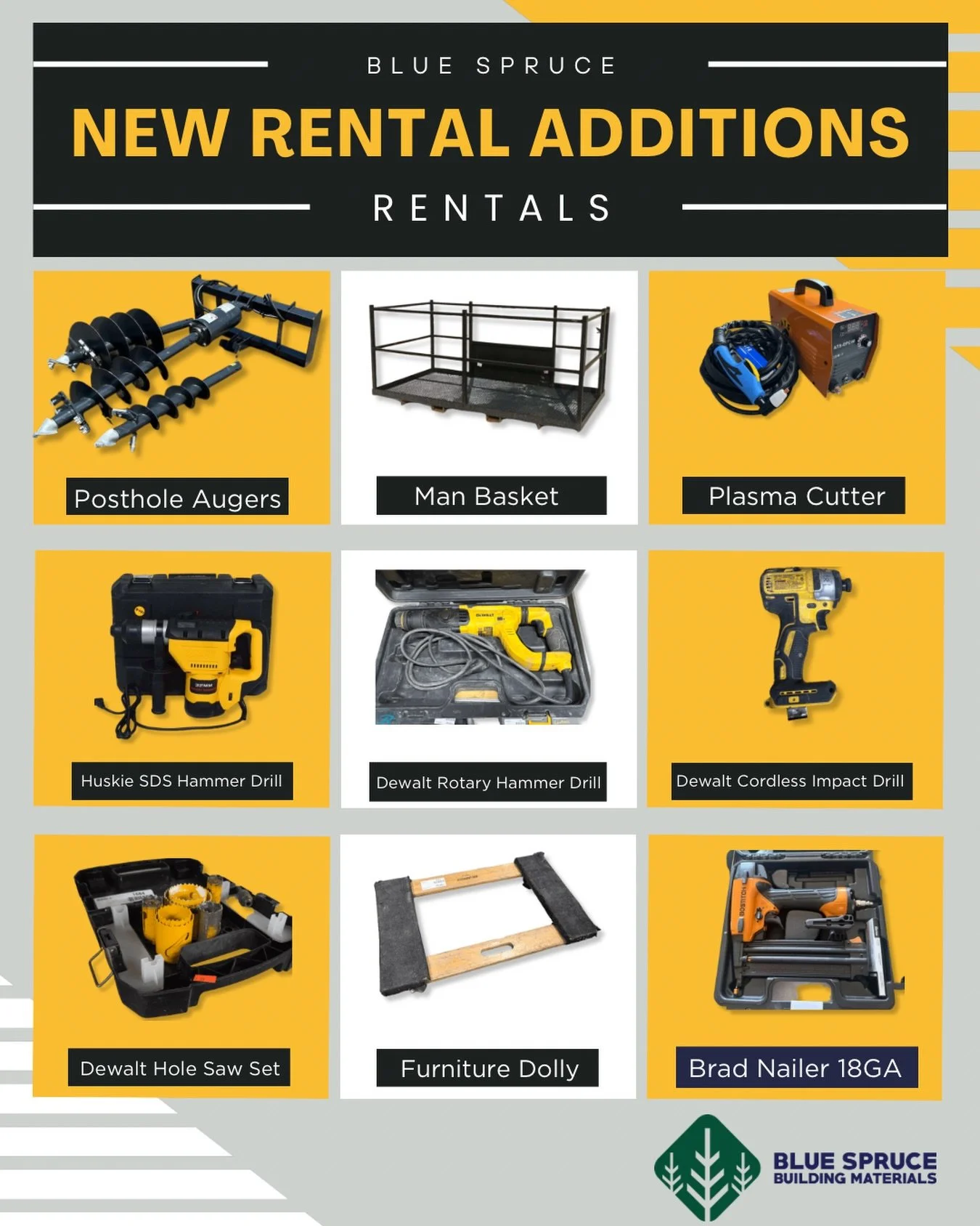 🌲 FRESH IN STOCK! New Equipment Just Landed! 🌲
We&rsquo;ve supercharged our rental lineup at Blue Spruce Building Materials to help you tackle any job, big or small! Check out our latest tools, ready for your next project:
Here&rsquo;s what&rsquo;s
