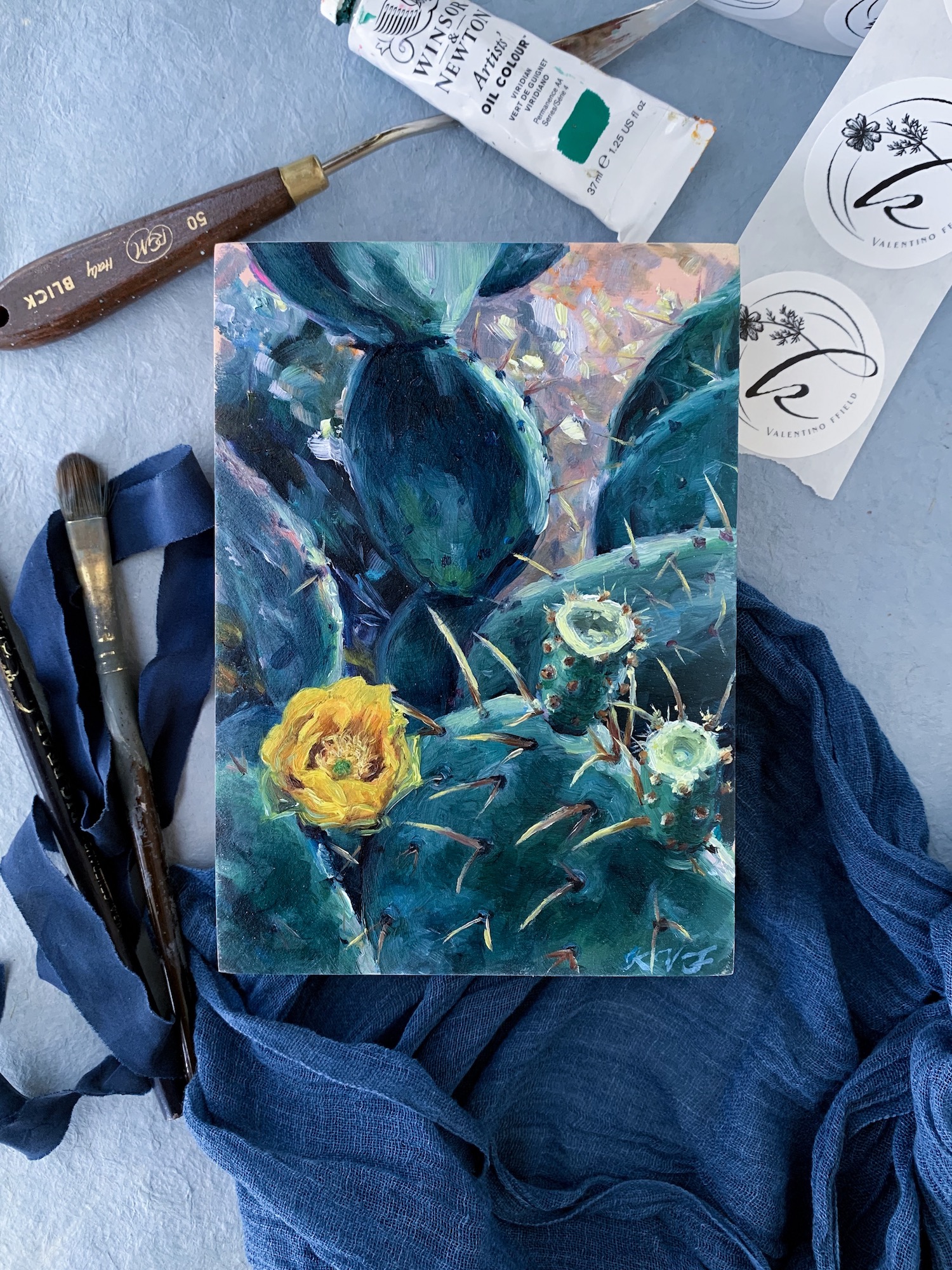 Prickly Pear Cactus Oil Painting by Florida Artist Kara Valentino Ffield 