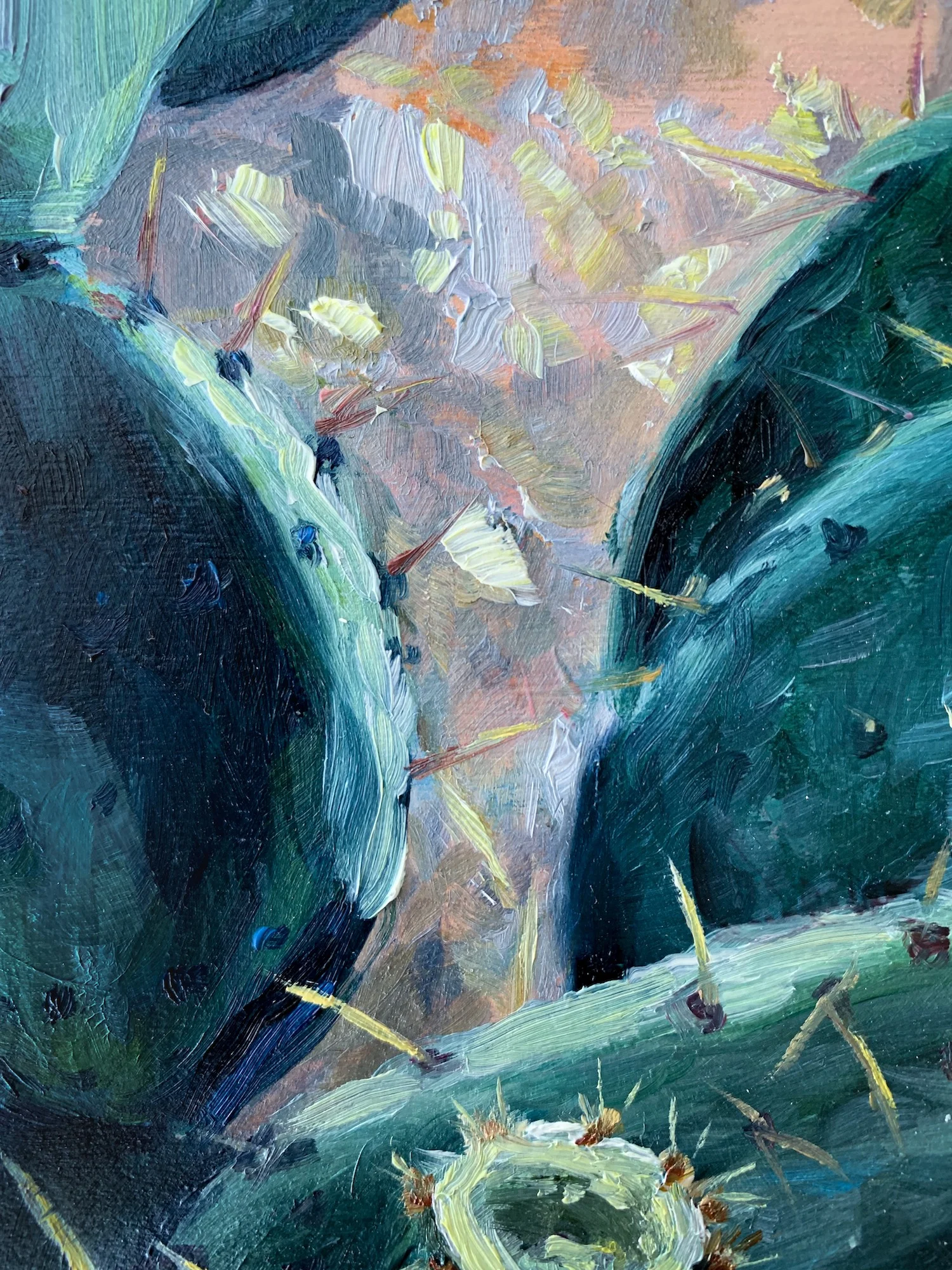 Detail of Prickly Pear Cactus Oil Painting by Florida Artist Kara Valentino Ffield 
