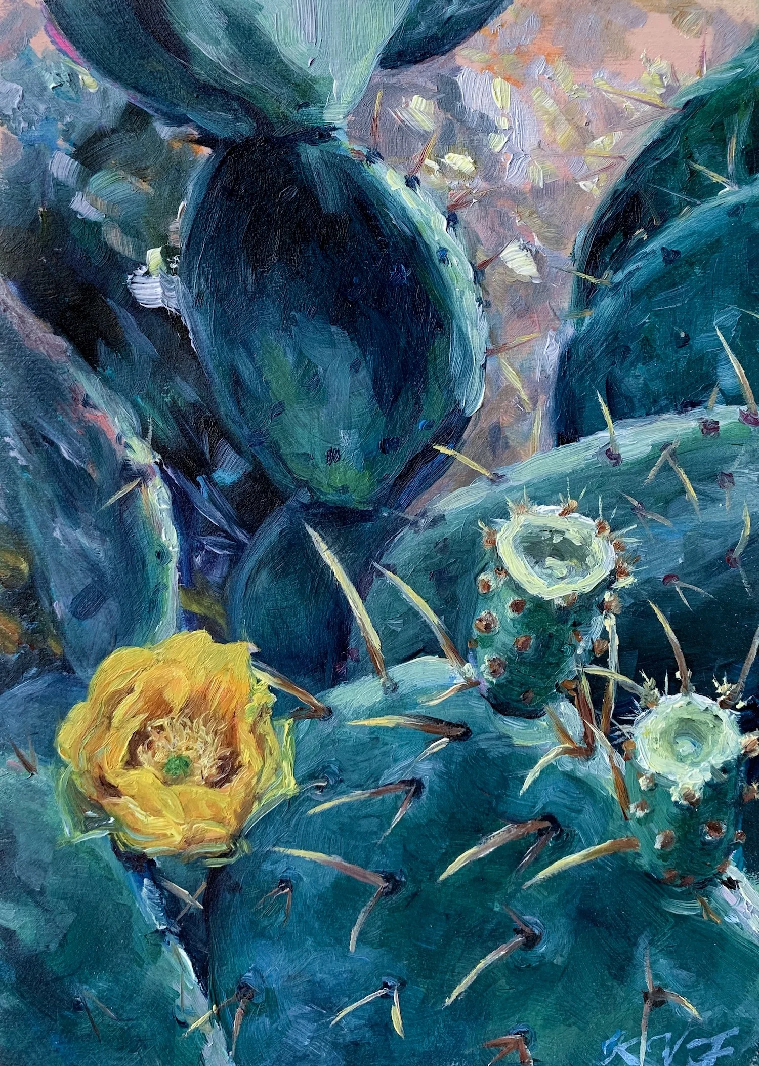 Prickly Pear Cactus Oil Painting by Florida Artist Kara Valentino Ffield 