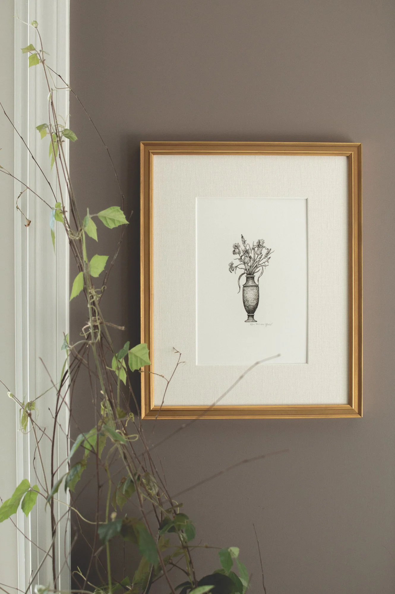 Irises in Vase | Black and White Fine Art Print in antique style gold frame and linen mat | Kara Valentino Ffield-2.jpg