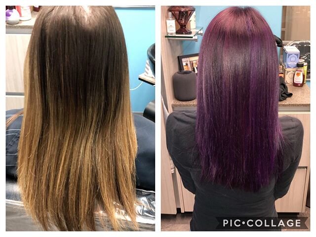 Before and after fun from today! 
#omaha #omahahairstylist #omahahairsalon #hairstylist #oligopro #oligocalura #oligofunkhue #haircolor #purplehair