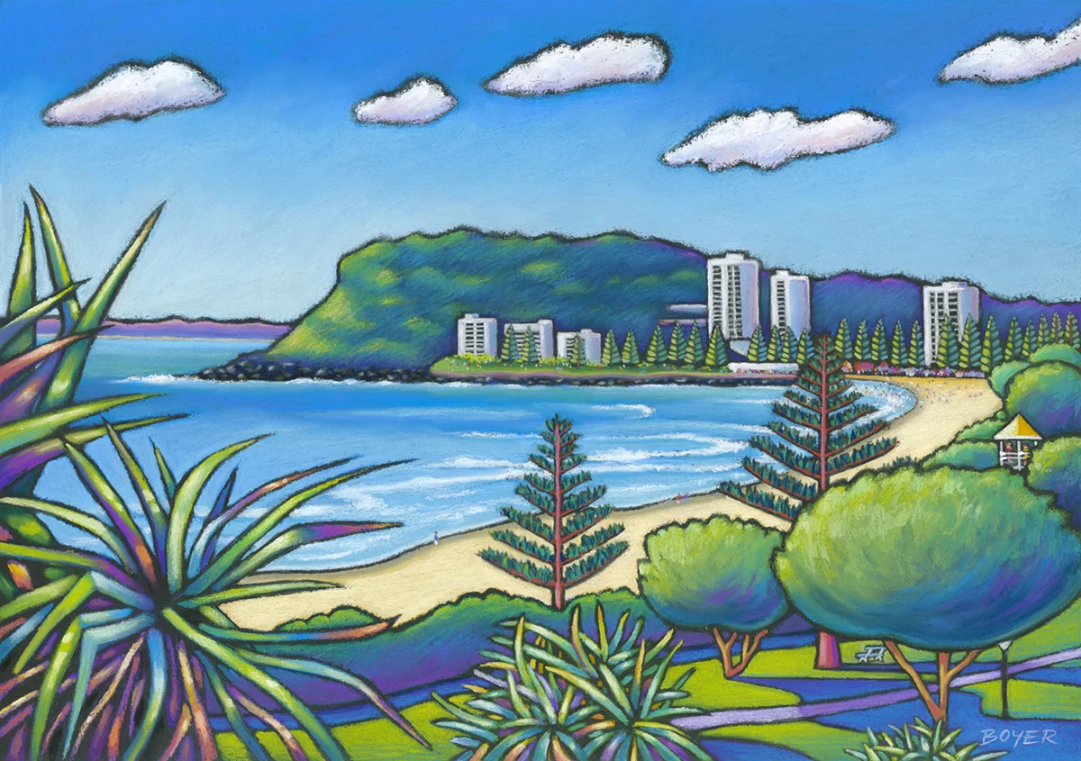 “Burleigh Heads” Soft pastel on board. 68x48cm. Framed original. Archival prints available .