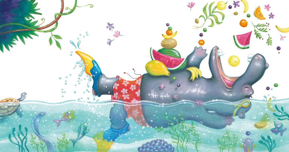 “Hippo Breakfast” . Soft pastel and watercolour. Children’s book illustration from Animals Rock published by Scholastic Australia. Unframed original. Archival prints available .