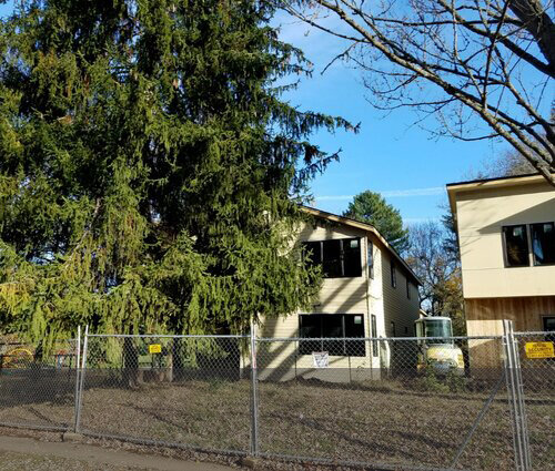 Large spruce as two houses are built where a ranch house once stood on NE 37th next to Fernhill Park.