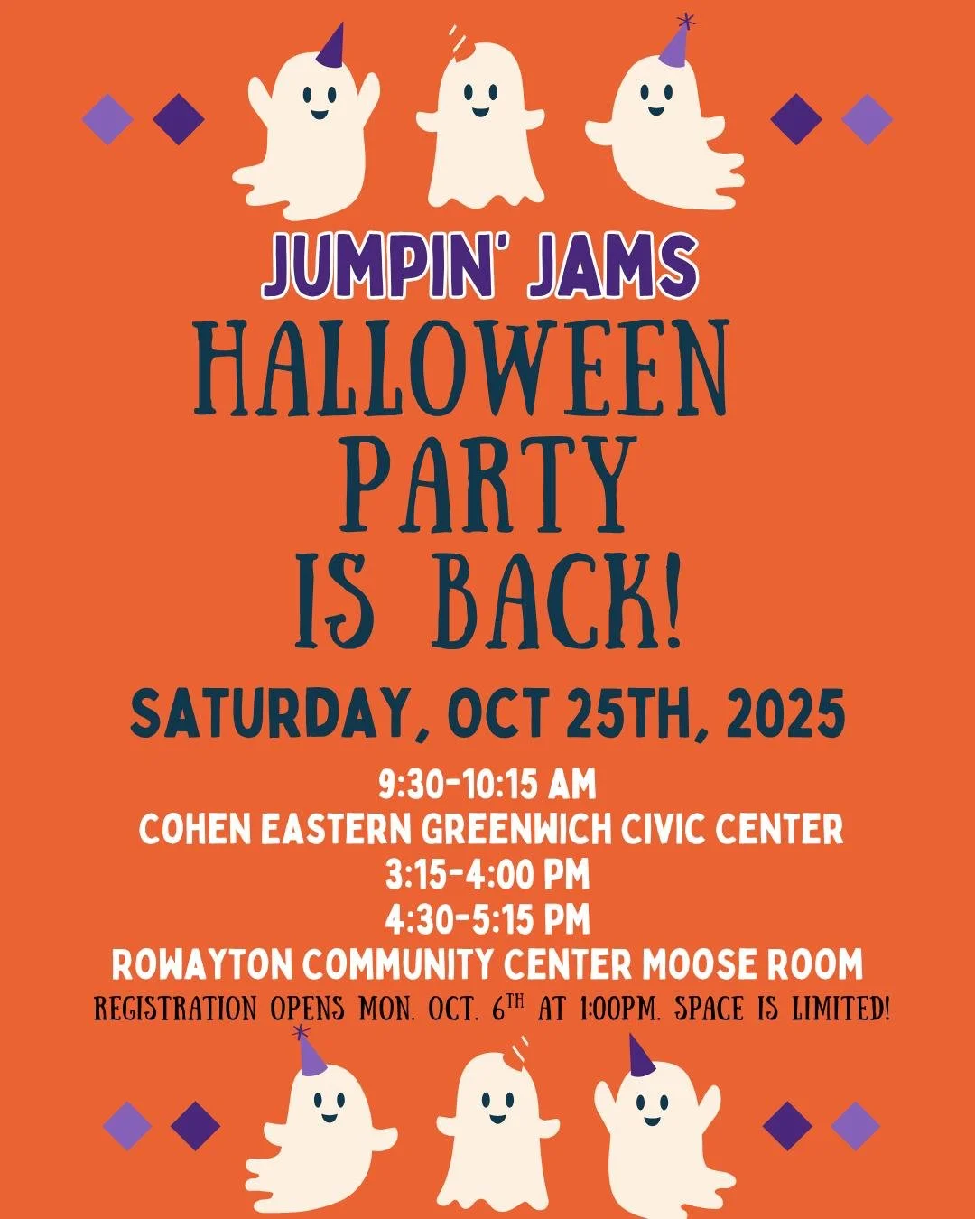 🎃👻 Our Jumpin&rsquo; Jams Halloween Party is BACK (for real this time)! 👻🎃

We had a little scheduling mix-up, but everything is sorted and we&rsquo;re so excited to celebrate with you! 🧡

Here&rsquo;s the NEW spooky schedule for Saturday, Octob