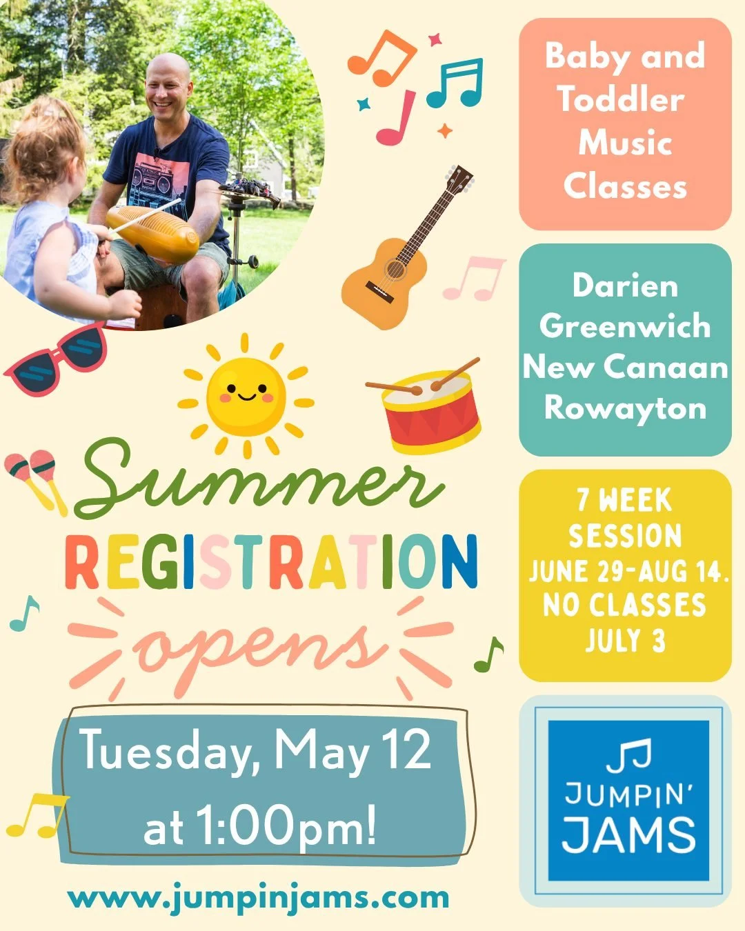 We&rsquo;re so excited for another summer of music, movement, bubbles, dancing, instruments, and fun with all of you 💛

🗓 Registration opens Tuesday 5/12 at 1:00pm
🌿 7 week summer session: June 29 &ndash; August 14, no classes July 3rd
📍 Greenwic