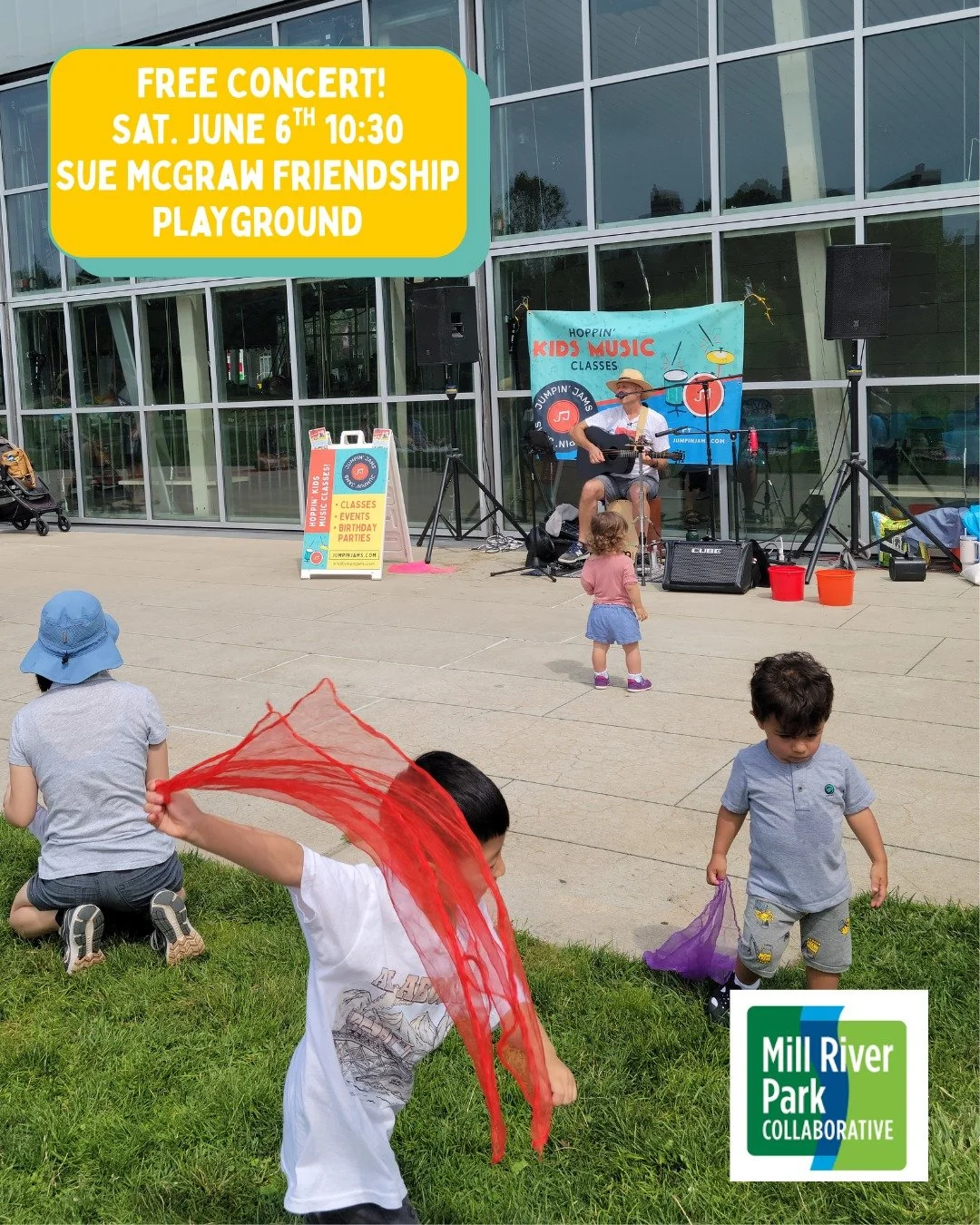 We're kicking off June with music at Mill River Playground!

Join us for a  Rainbow Party at Sue McGraw Friendship Playground. It's going to be a great morning, starting with a Jumpin' Jams performance at 10:30, crafts, games, and nonstop family fun!