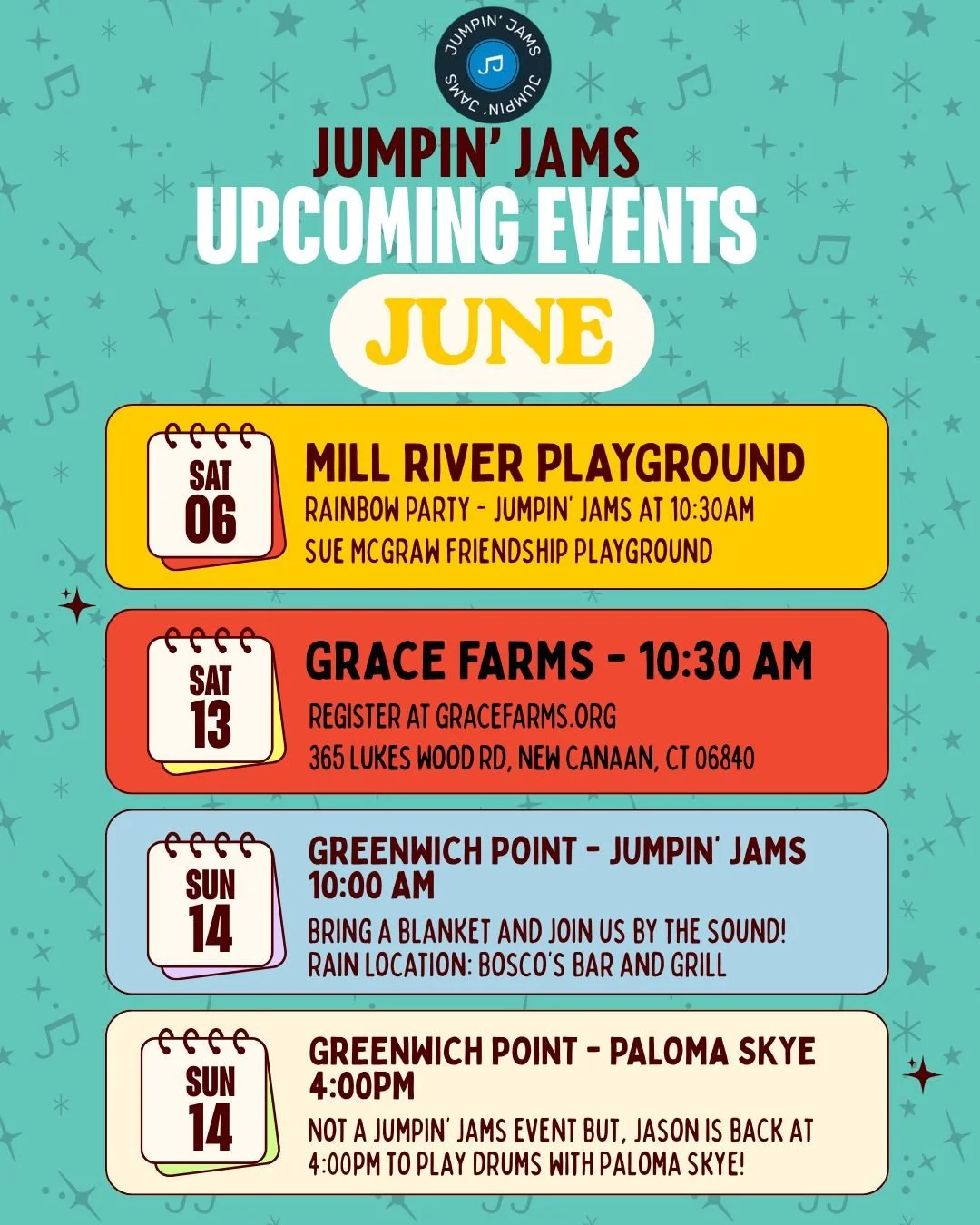 🎶 We've got a fun month ahead!

Join us for music, dancing, and plenty of fun at these special June events.

Whether you're already part of the Jumpin' Jams family or have been thinking about trying a class, we'd love to see you there! 

☀️ Mill Riv