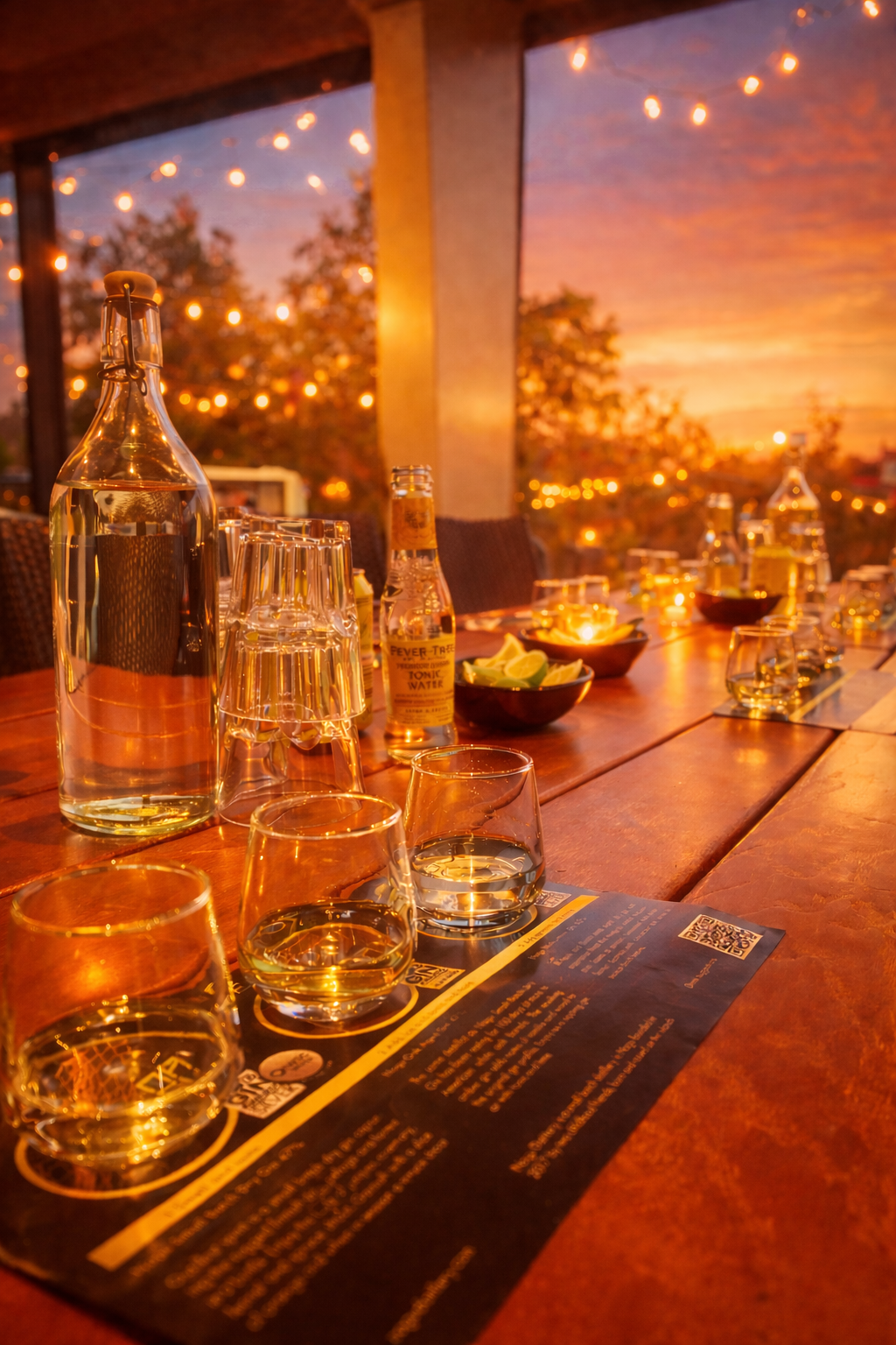An outdoor dining table at sunset with glasses, a water bottle, and bowls of lemon wedges, decorated with string lights and trees in the background.